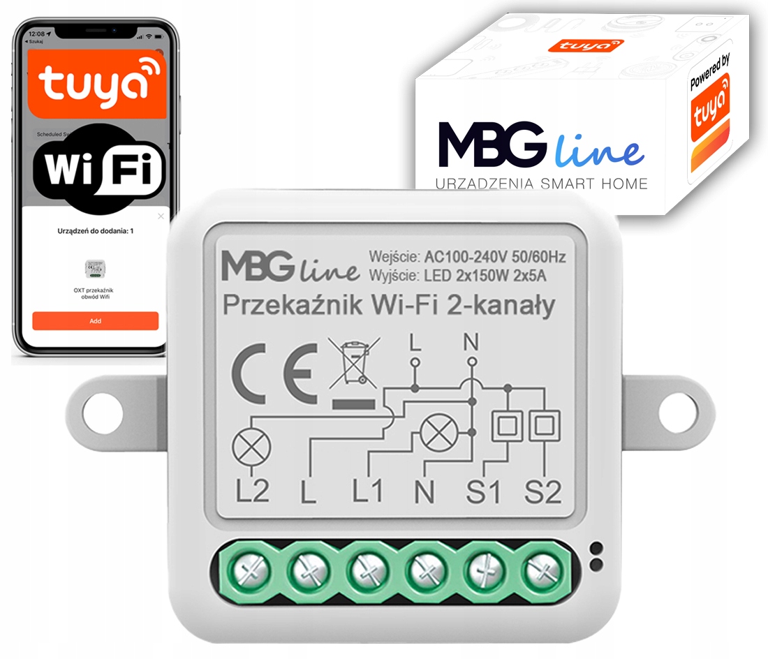 

Przekaźnik Dopuszkowy Włącznik WiFi 2CH Tuya
