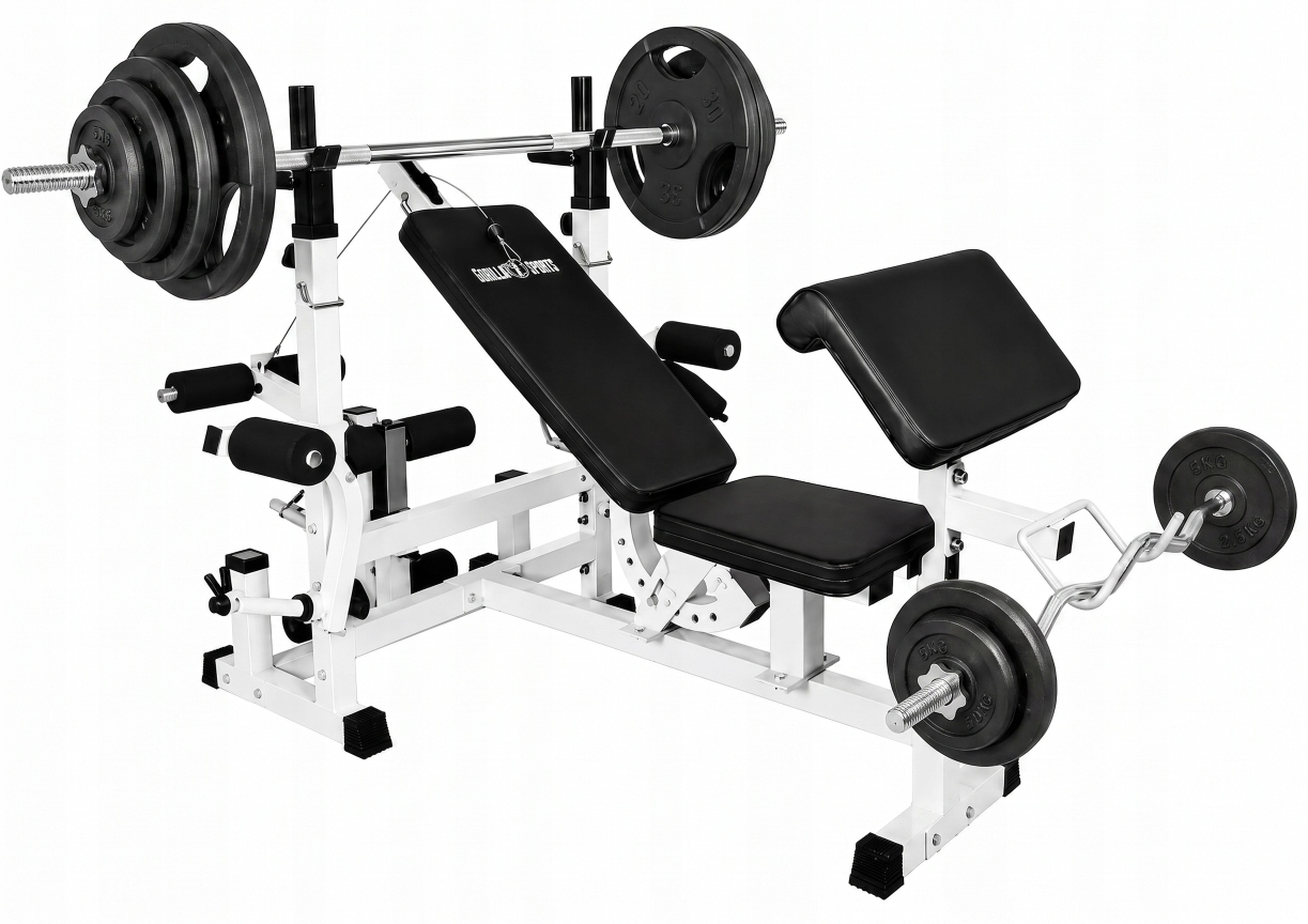 Ławka do wyciskania 6w1 biała 2 sztangi żeliwne regulowane 100 kg