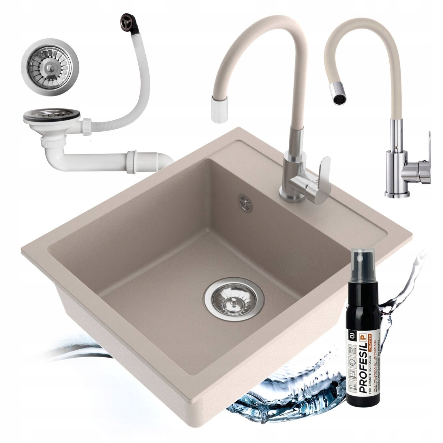 Granitový Jednokomorový Drez Emporio, Sada Batérií, Flexibilný Sifón