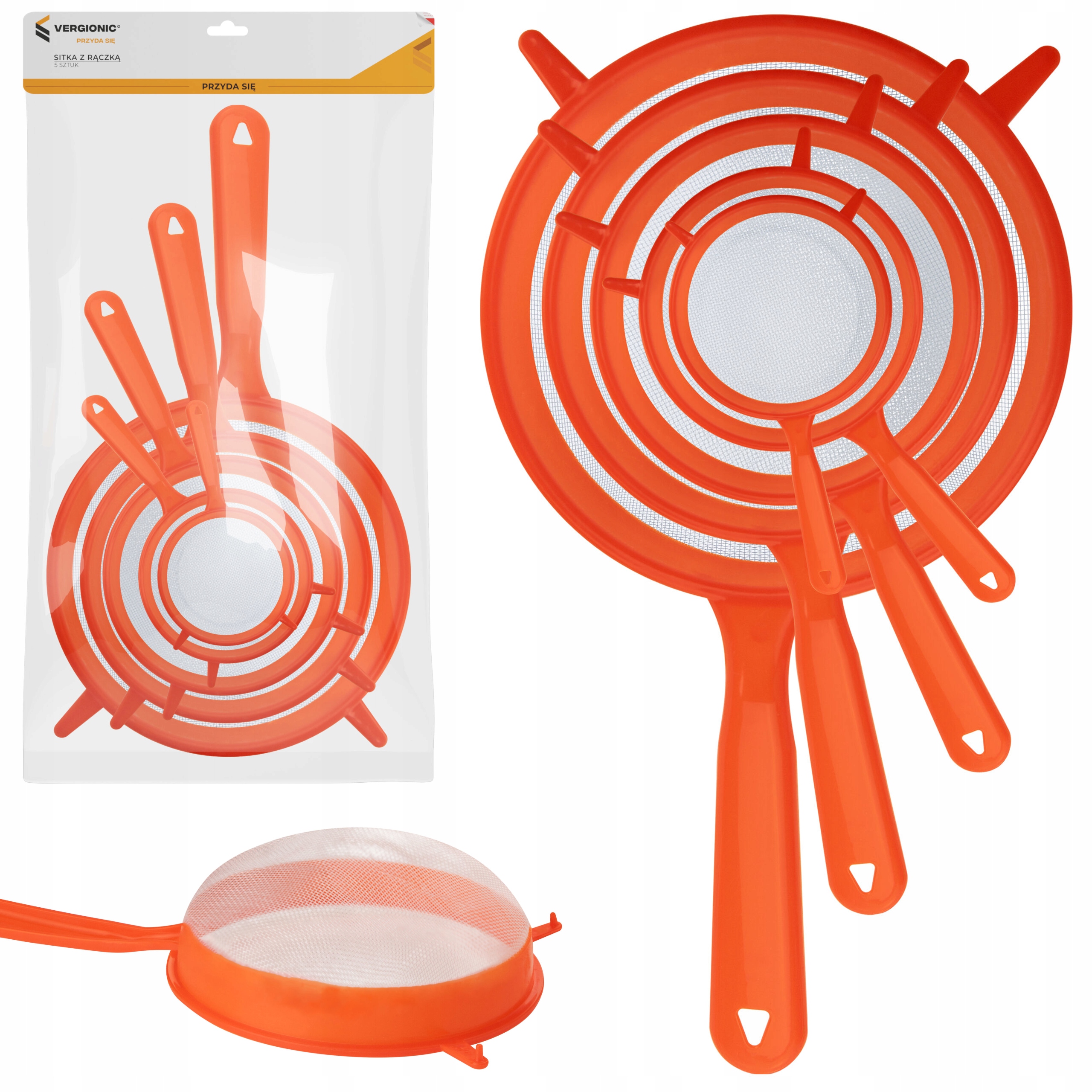 SITKA KOMPLET SITEK SITKO PLASTIKOWE KUCHENNE PRZESIEWACZ Z RĄCZKĄ 5szt