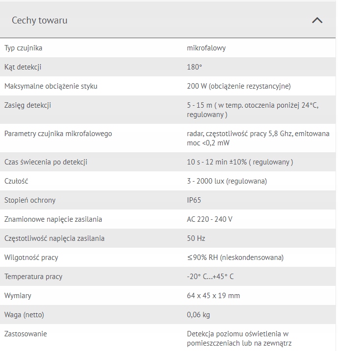CZUJNIK RUCHU MIKROFALOWY ZEWNĘTRZNY DUŻY ZASIĘG B Typ czujnik