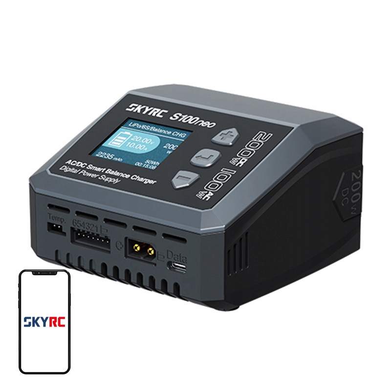 SkyRC S100neo Ac nabíječka 100W DC 200W LiPo 6S 12A Displej Balancér 1A