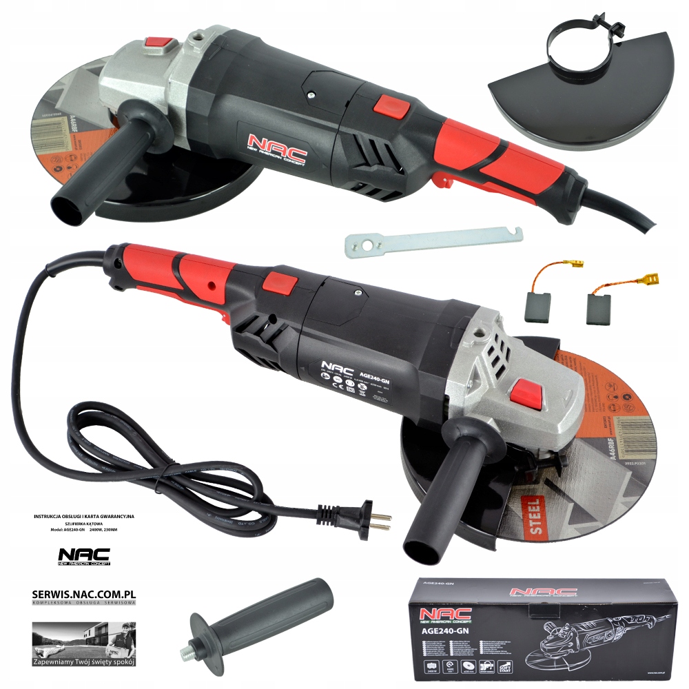 Szlifierka Kątowa Nac 2400 W Tarcza 230 MM Obrotowa Rączka Łagodny Start