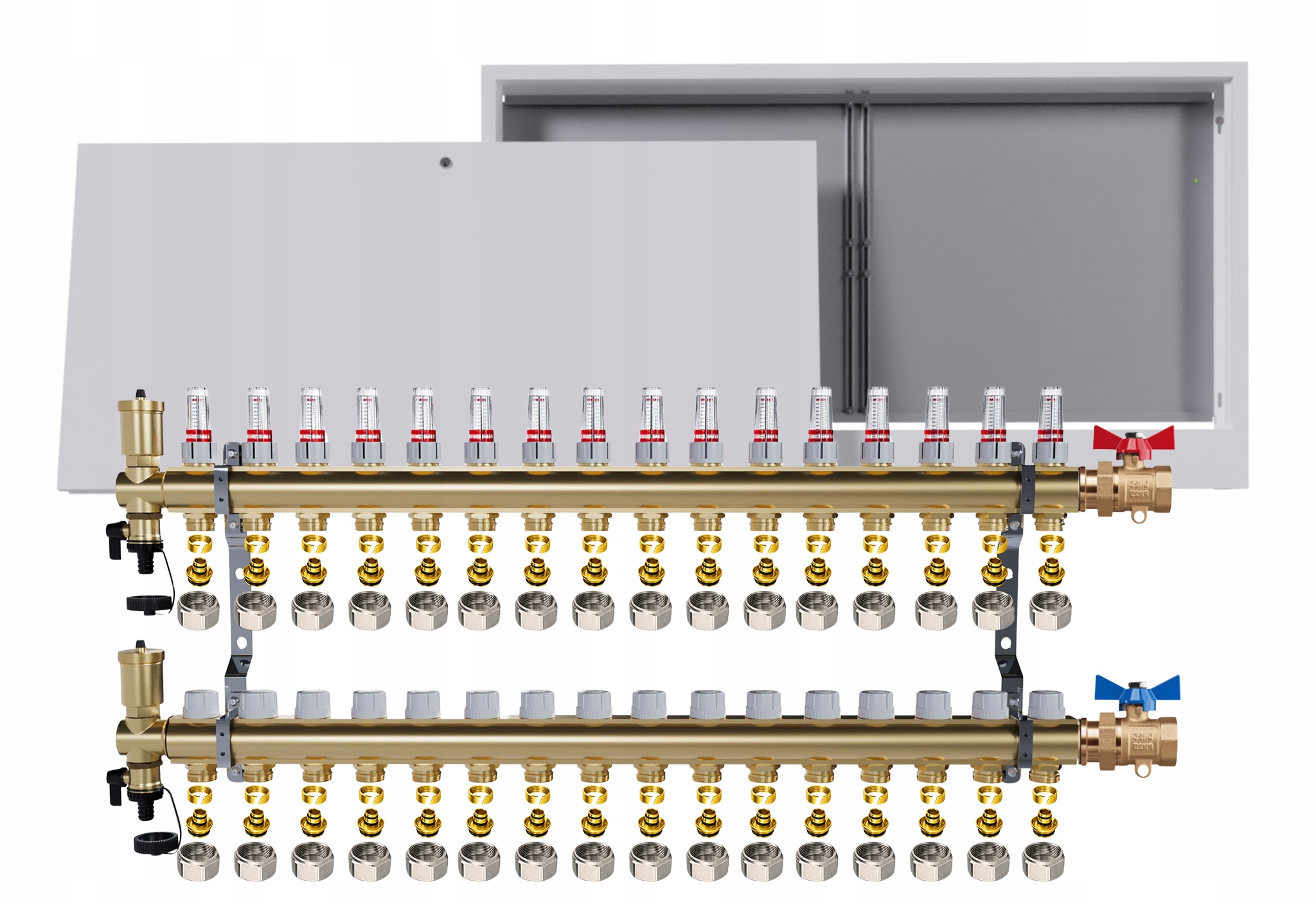 Rozdělovač mosazný podlahový 16 okruhů skříňka jednoduchý ventil Pex