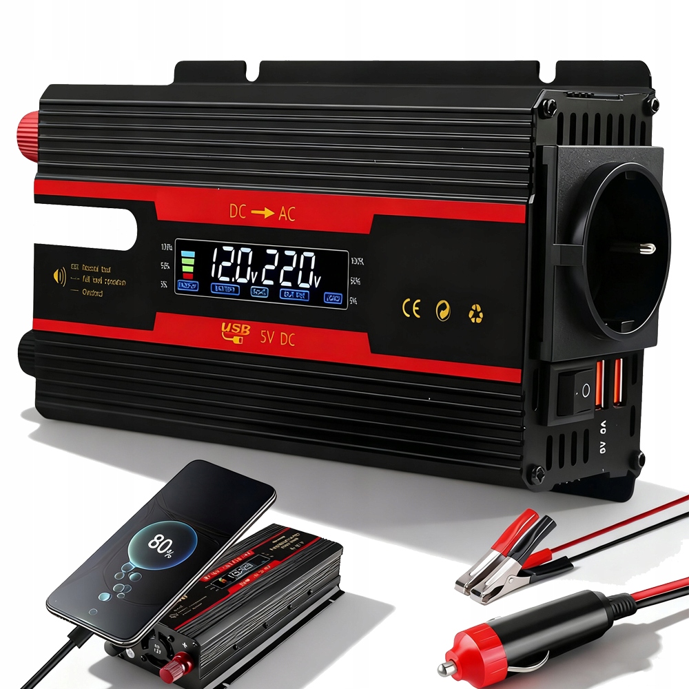 Měnič Napětí DC 12V/24V Na Ac 220V 2000W Cestovní Kamper Usb 5A