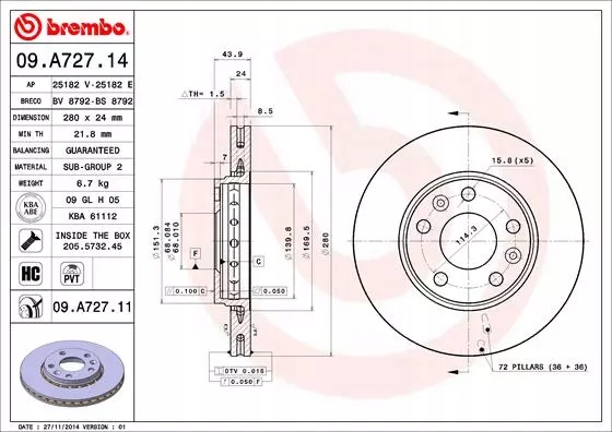 BREMBO TARCZE HAMULCOWE PRZÓD 09.A727.11 Producent części Brembo