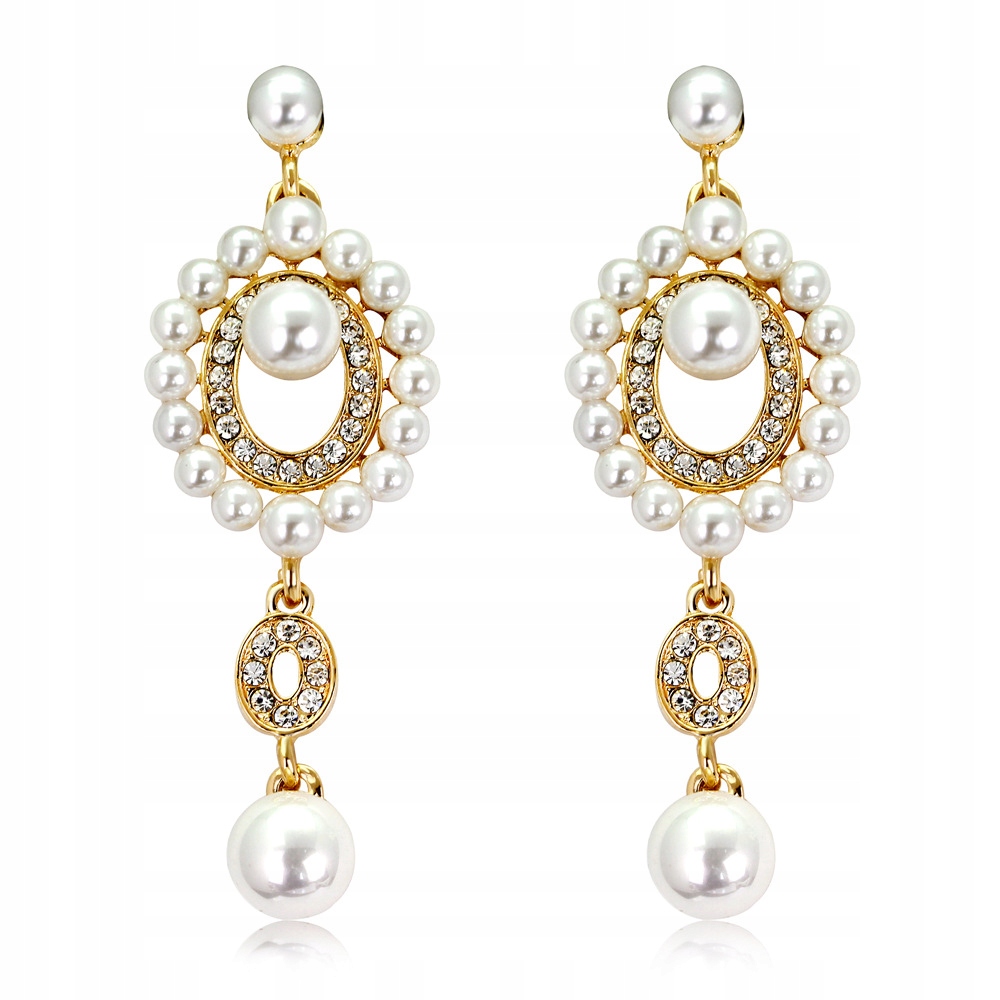 

Kolczyki Długie złote wiszące Perełki Cyrkonie