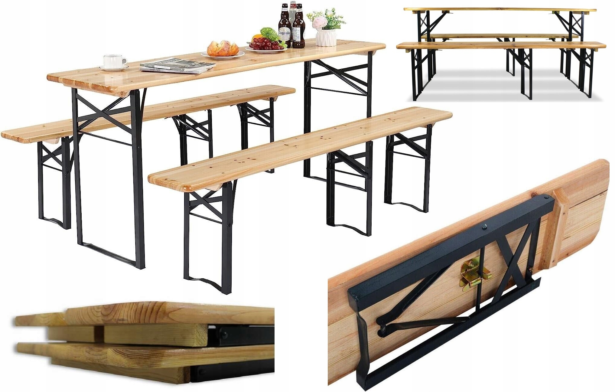 Zestaw Ogrodowy Biesiadny Piwny Barowy Składany Stół 2 Ławki 180cm Komplet