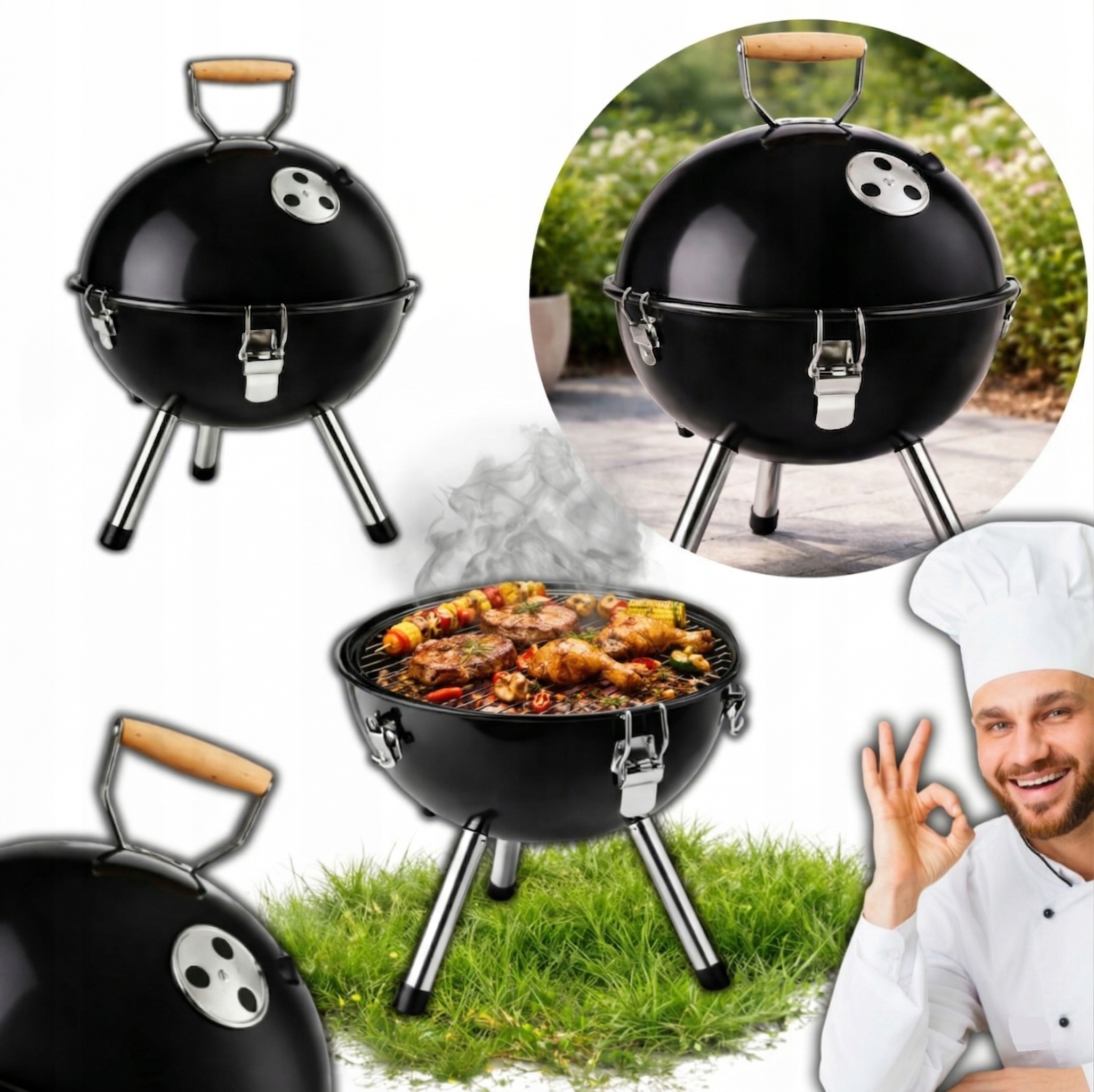 Grill Węglowy Ogrodowy Tradycyjny Kulisty Turystyczny Z Pokrywą Ruszt
