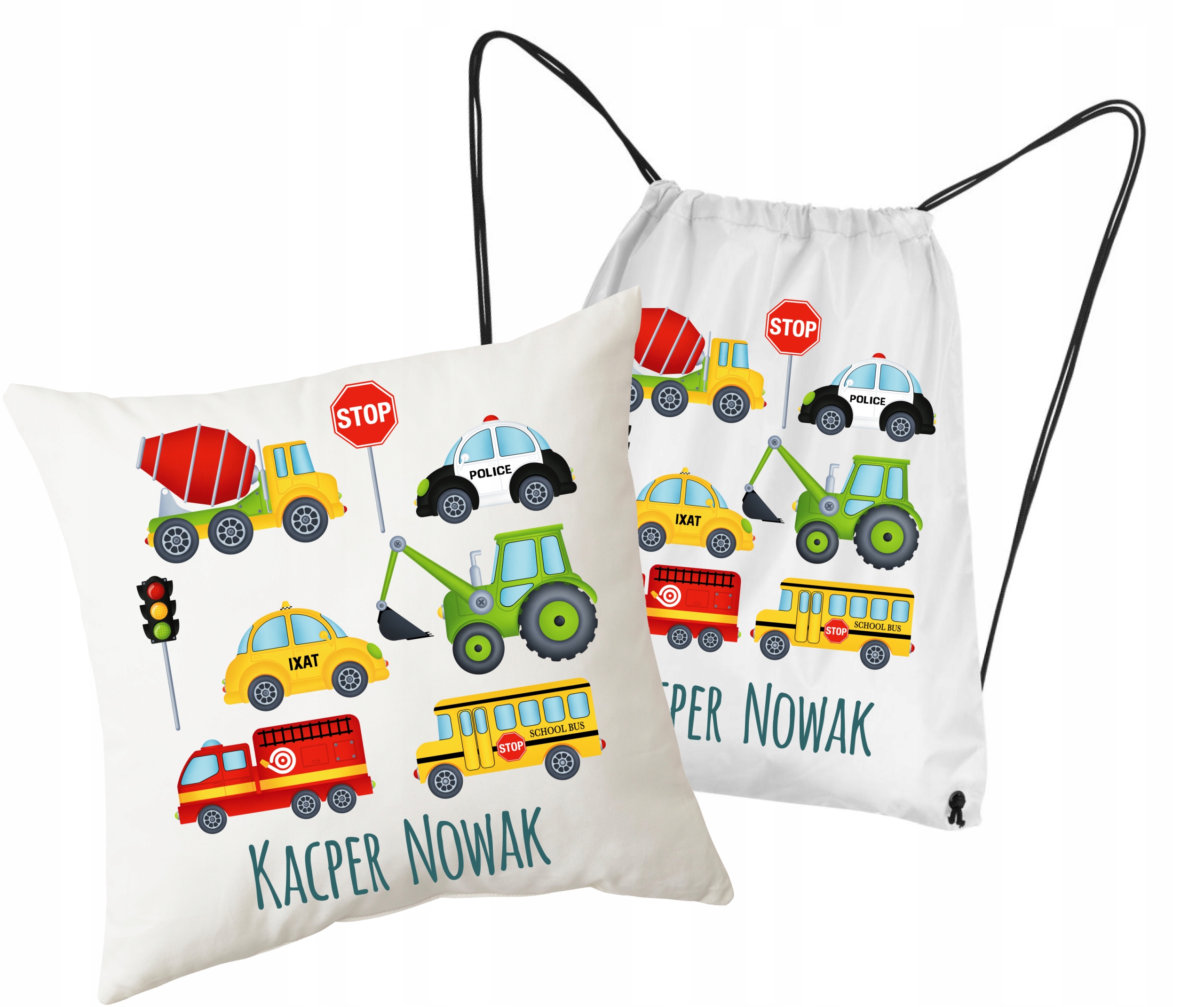 Zestaw PODUSZKA WOREK do przedszkola SAMOCHODY pojazdy auta