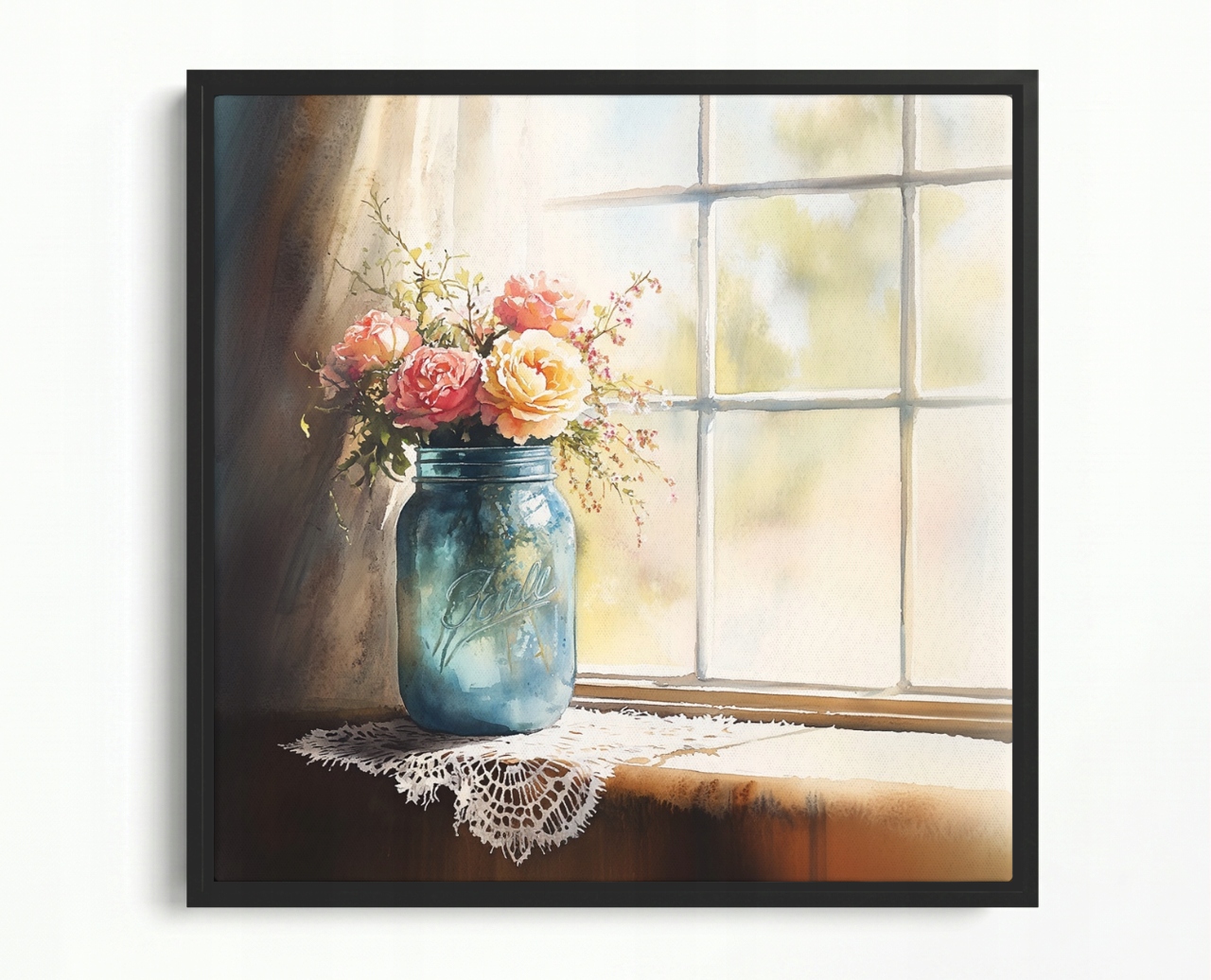 Obraz Rám American Box Akvarel Kvety Ruže Nádoba Okno Shabby Chic 60x60