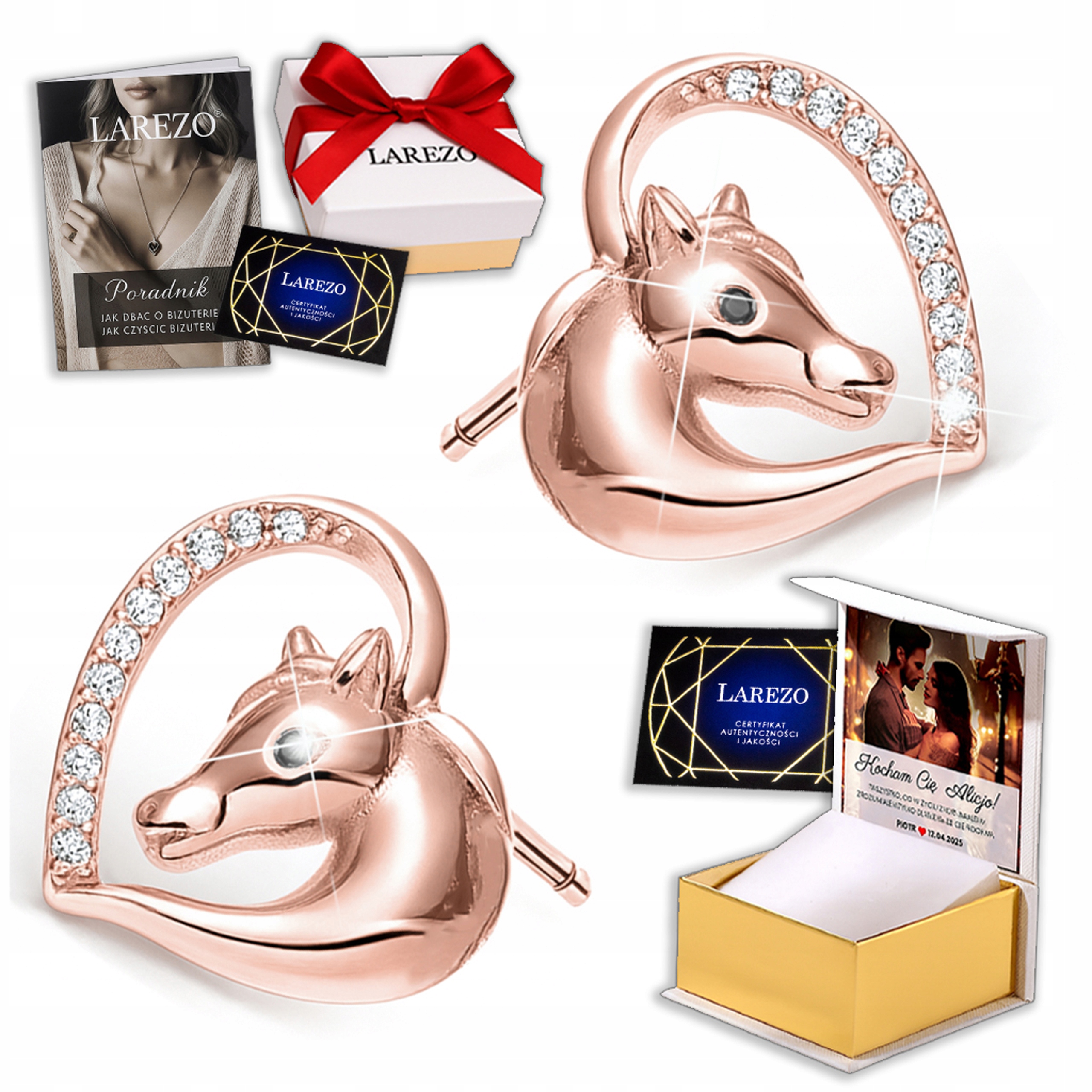 Náušnice Pozlacení koně Koně pro dívku Srdce s zirkony Potisk