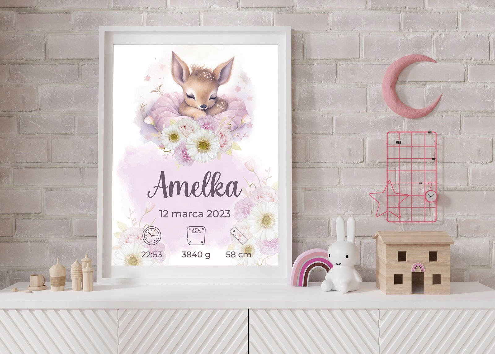 Metryczka dziewczynki A4 Pamiątka Pomysł na Prezent dla noworodka W RAMCE Kod producenta MAGRAFdsgnPlakaty