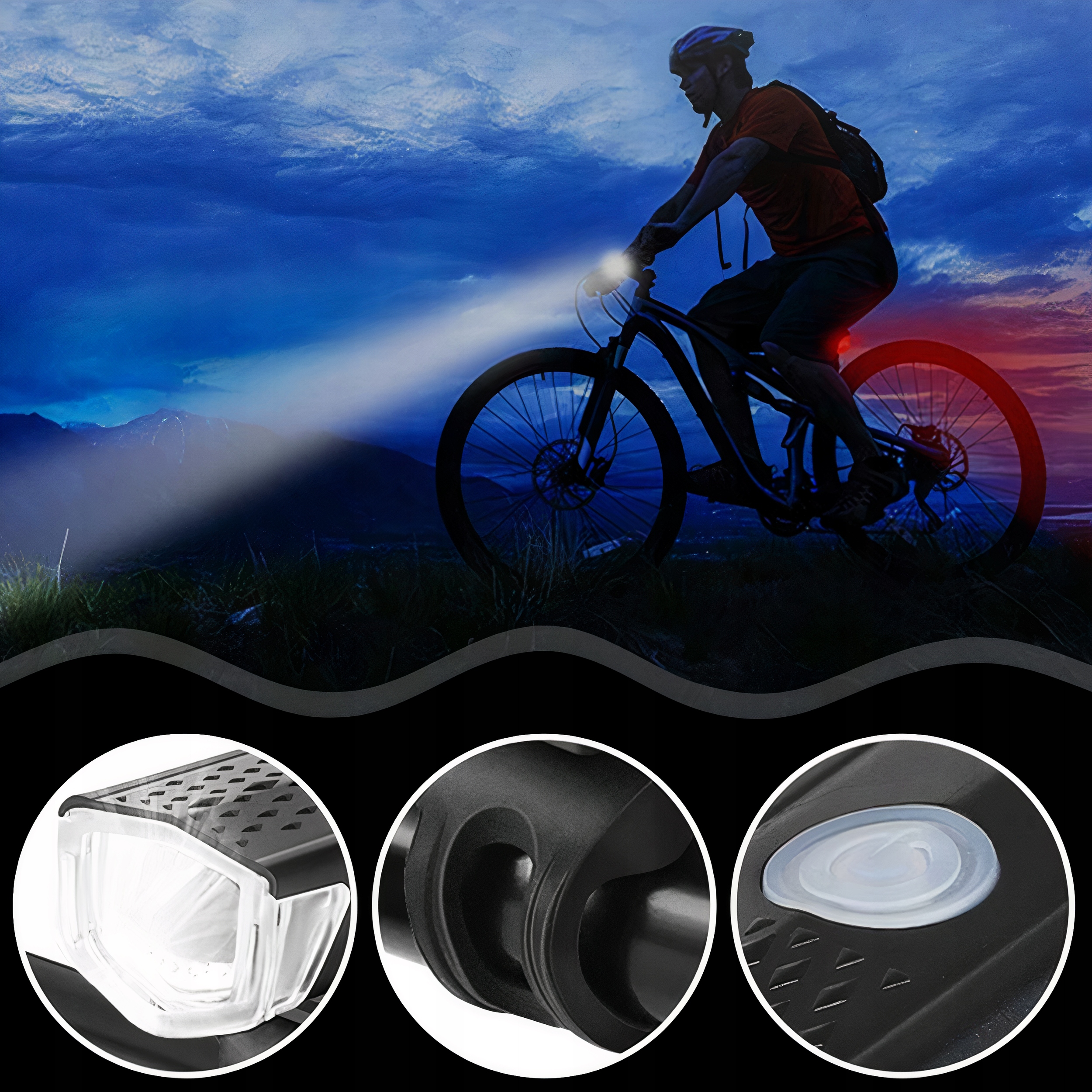 LAMPKA ROWEROWA LED NA ROWER KIEROWNICĘ MOCNA AKUMULATOROWA USB + TYŁ TYLNA Model OŚWIETLENIE AKUMULATOR ROWEROWE DO ROWERU ŚWIATEŁK