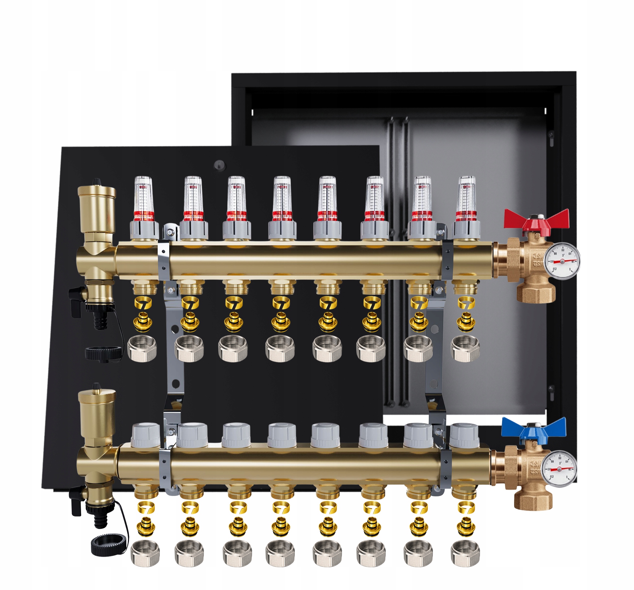 Rozdělovač Pro Podlahovou Krytinu 8 Okruhů Ventily Teploměr Skříňka Pex