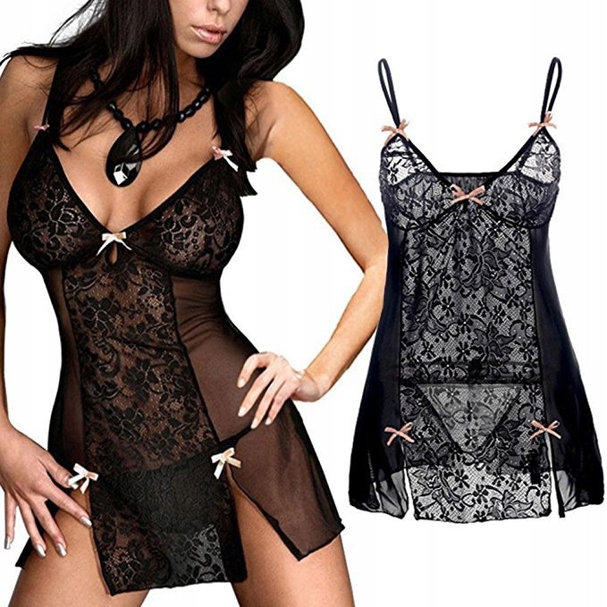 SEKSOWNA KOSZULKA NOCNA DAMSKA Z KORONKĄ CZARNA L