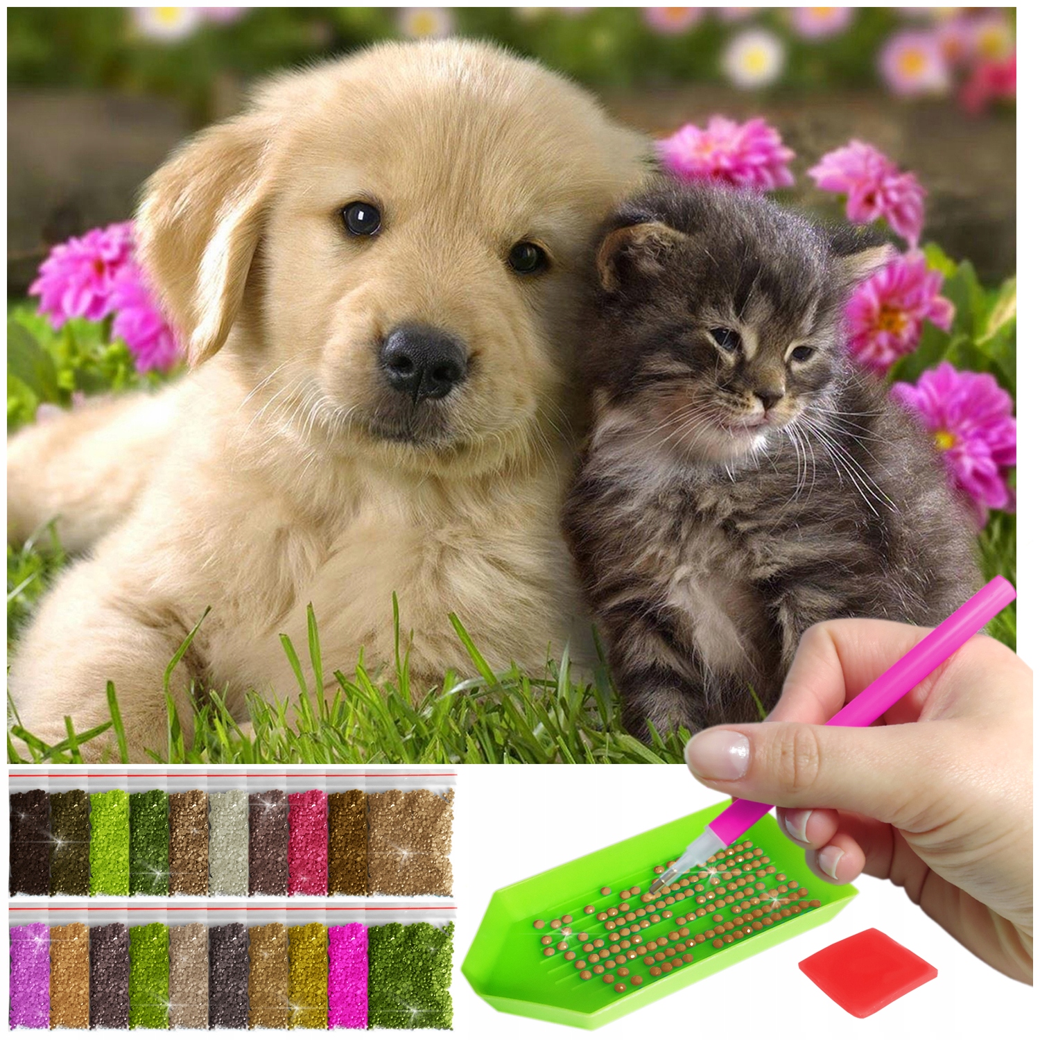 Haft diamentowy diamond painting mozaika dla dzieci 5d pies i kot labrador