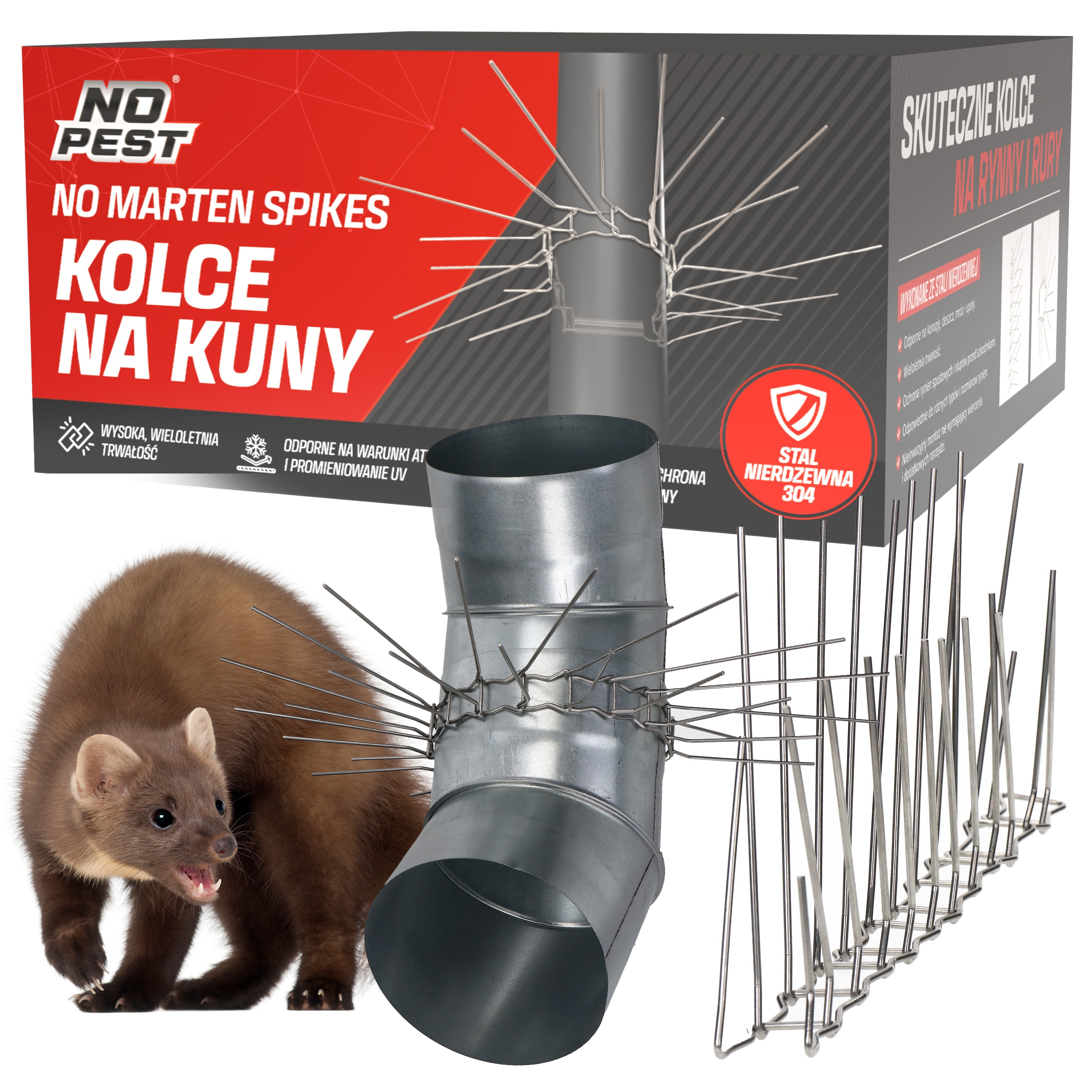 Nerūdijančio plieno kuolai katėms prieš katinus ant latakų ir vamzdžių NO PEST