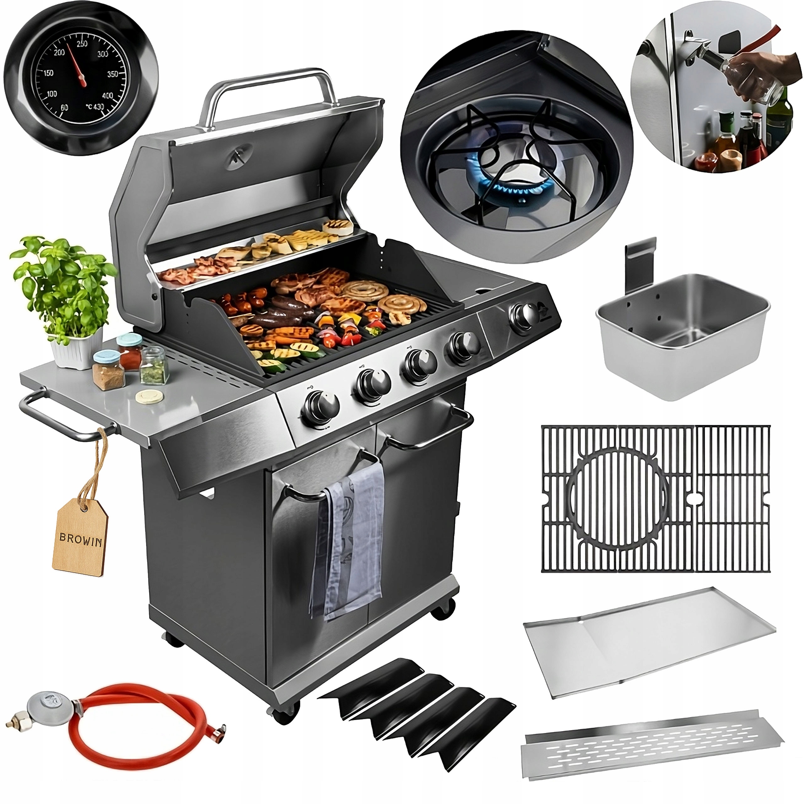 Browin Grill Gazowy 18,8kW Ogrodowy 4+1 Żeliwny Ruszt Kuchenka Gazowa