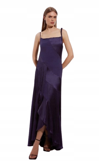 Karen Millen Petite Tmavě Modré Šaty Maxi S Volánem A Třásněmi 34 B1F