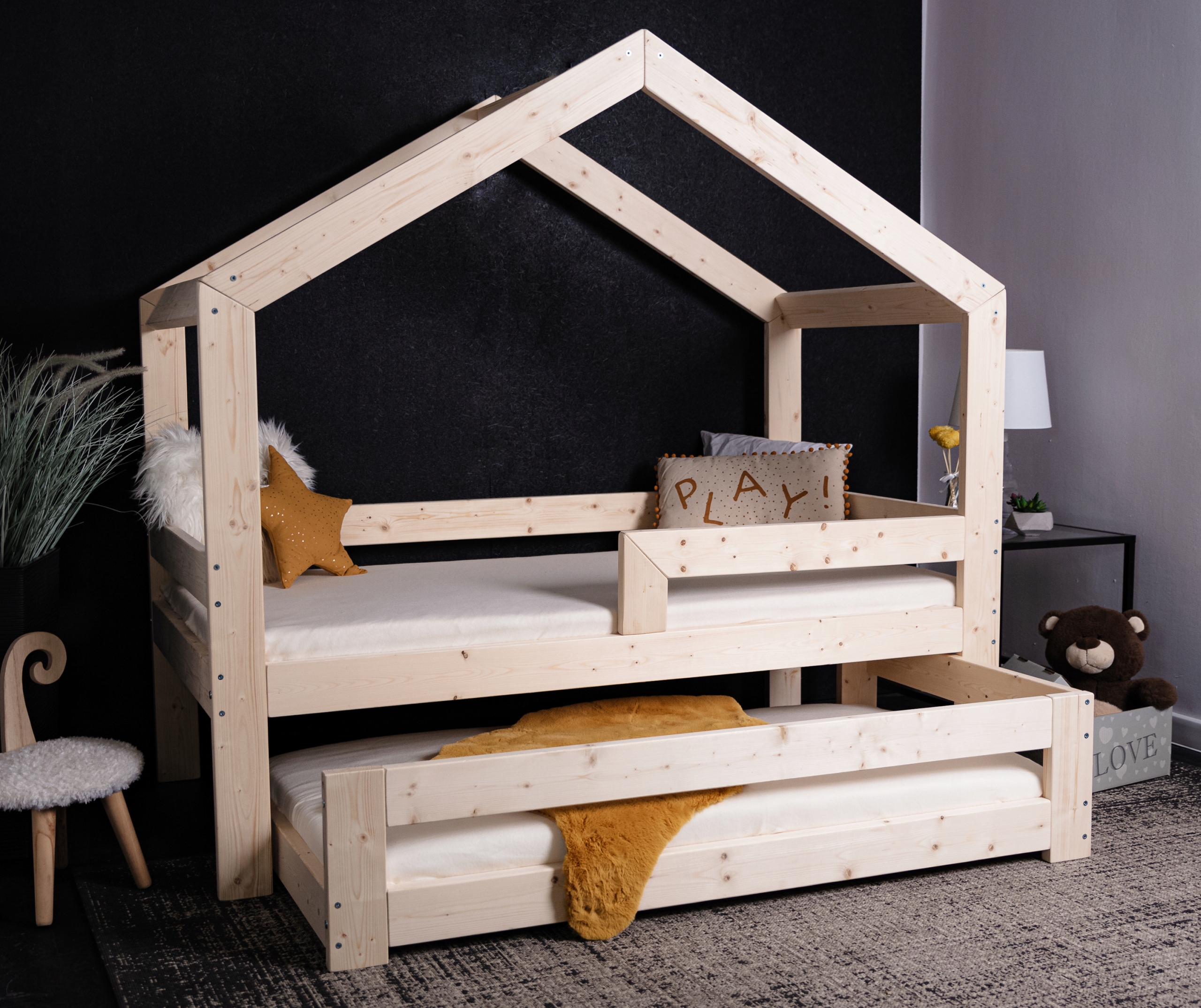 DZIECIĘCE ŁÓŻKO DWUOSOBOWE DOMEK 90X200 PIĘTROWE WYSUWANE DLA DZIECKA