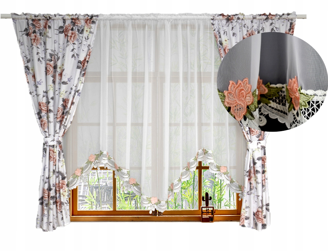 Firanka Gotowa z Gipiura w Kwiaty Firana Woal z Zasłonami 400x160 cm