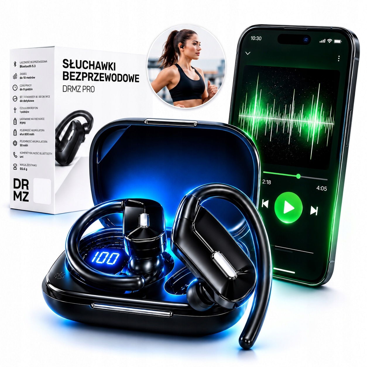 Bezdrátová sluchátka Bluetooth 5.3 Sportovní kanálová Powerbanka Led Edr