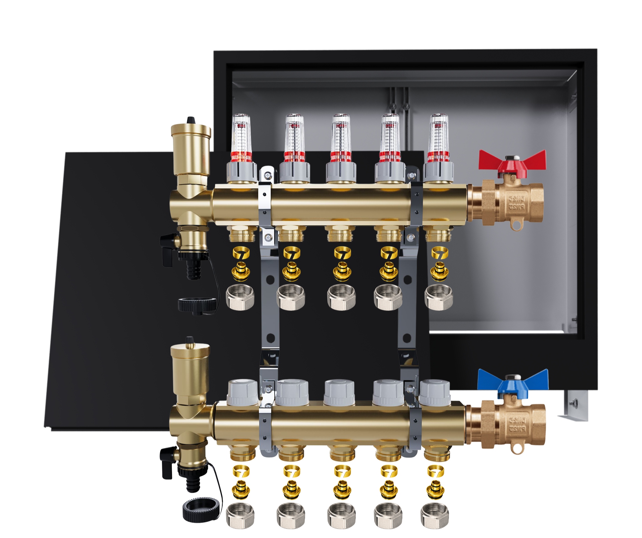 Rozdělovač podlahových krytin mosazný 5 okruhů Podomítkový černý Ventily Pex