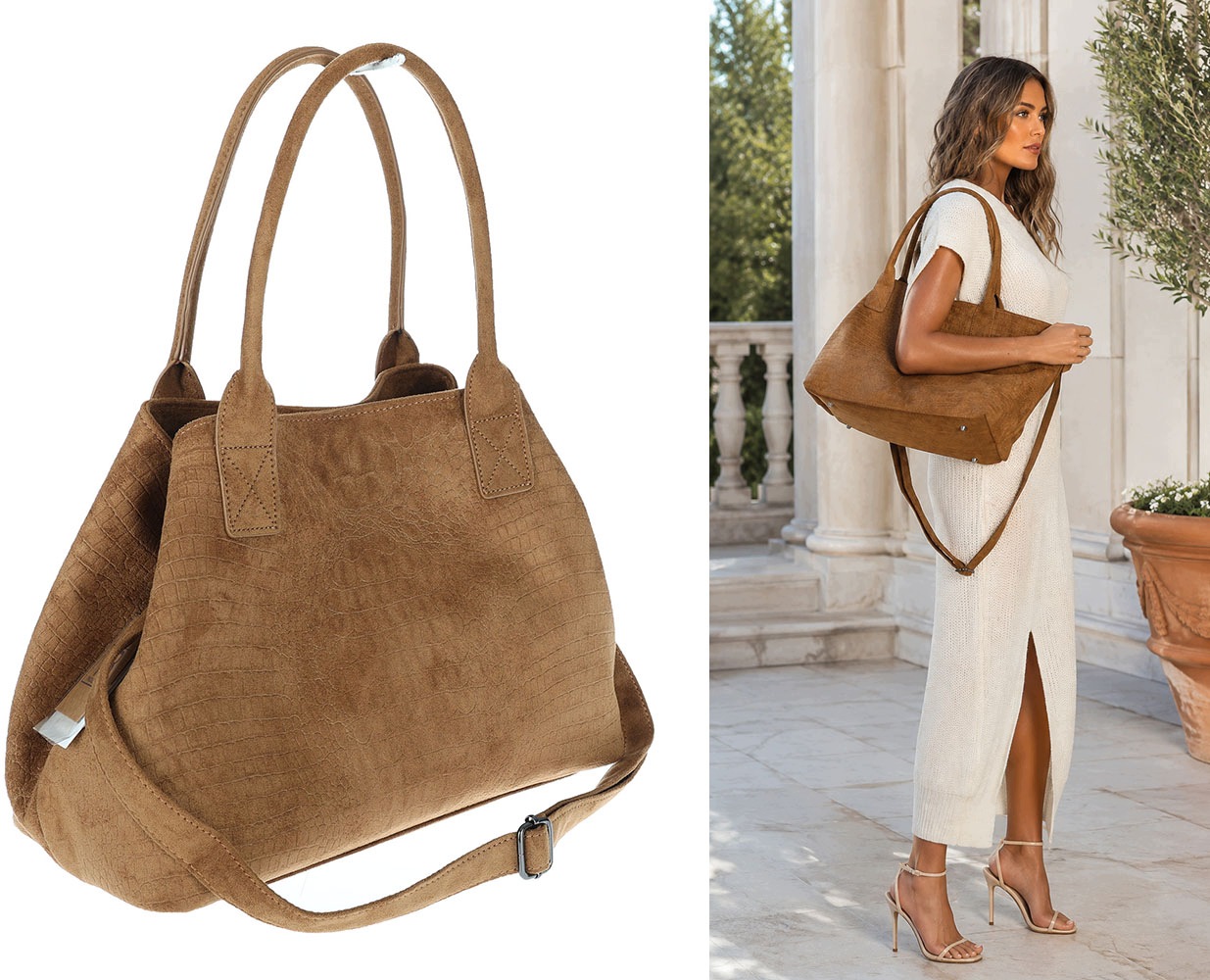 Dámská shopper kabelka, módní semišová taška, lehký pásek L540 Hnědá