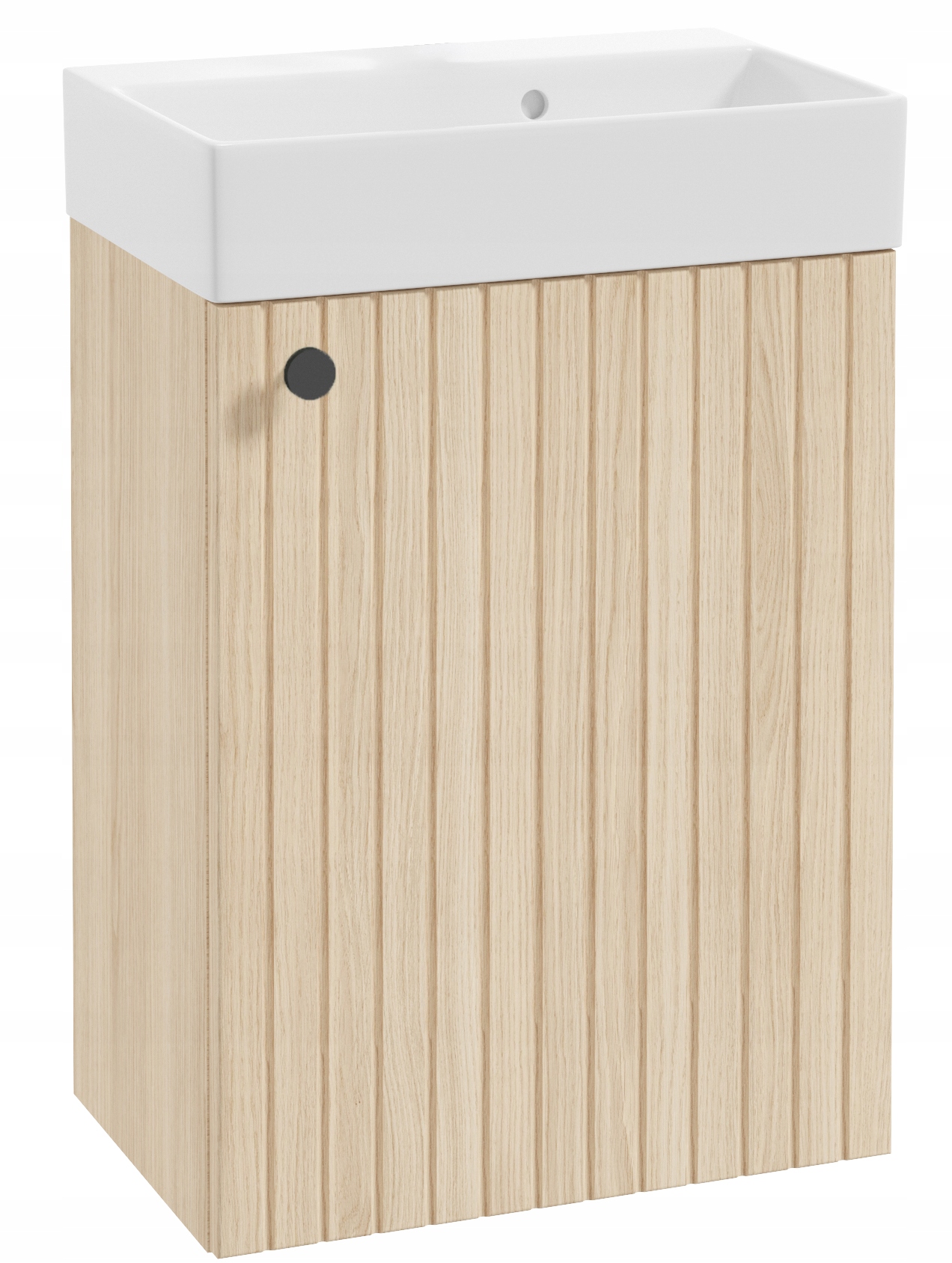 Závěsná koupelnová skříňka s umyvadlem Dub Vicenza a černým úchytem 50 x 70 cm