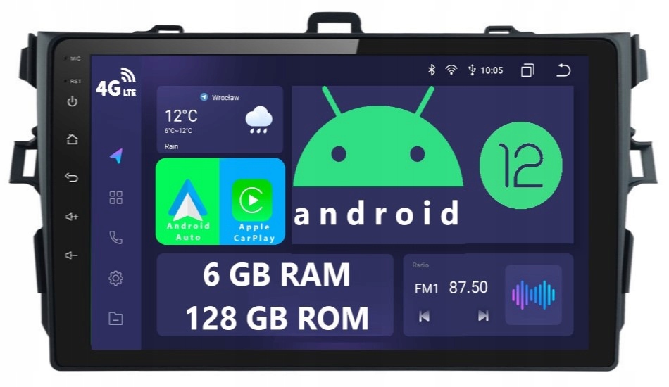 Radio 2DIN Nawigacja Android Toyota Corolla E15 6/128 Gb Dsp Carplay Lte