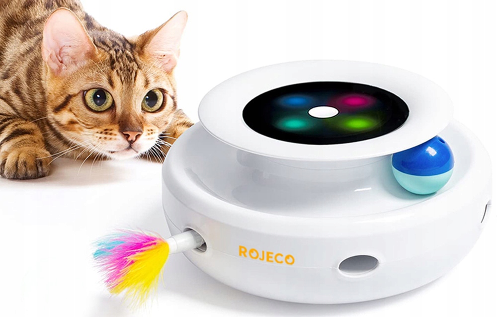 Levně Rojeco interaktivní Hračka pro kočky 2v1 5 pracovních režimů 3 druhy peříček