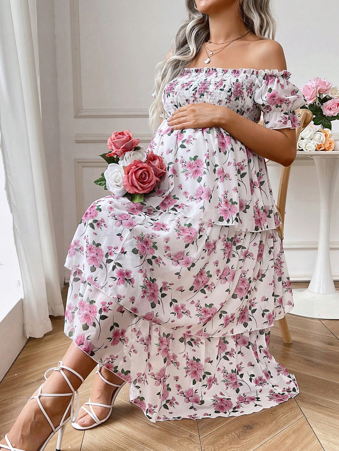 Šaty Koktejlové Šifonové S Květinami Elastický Výstřih Shein XL