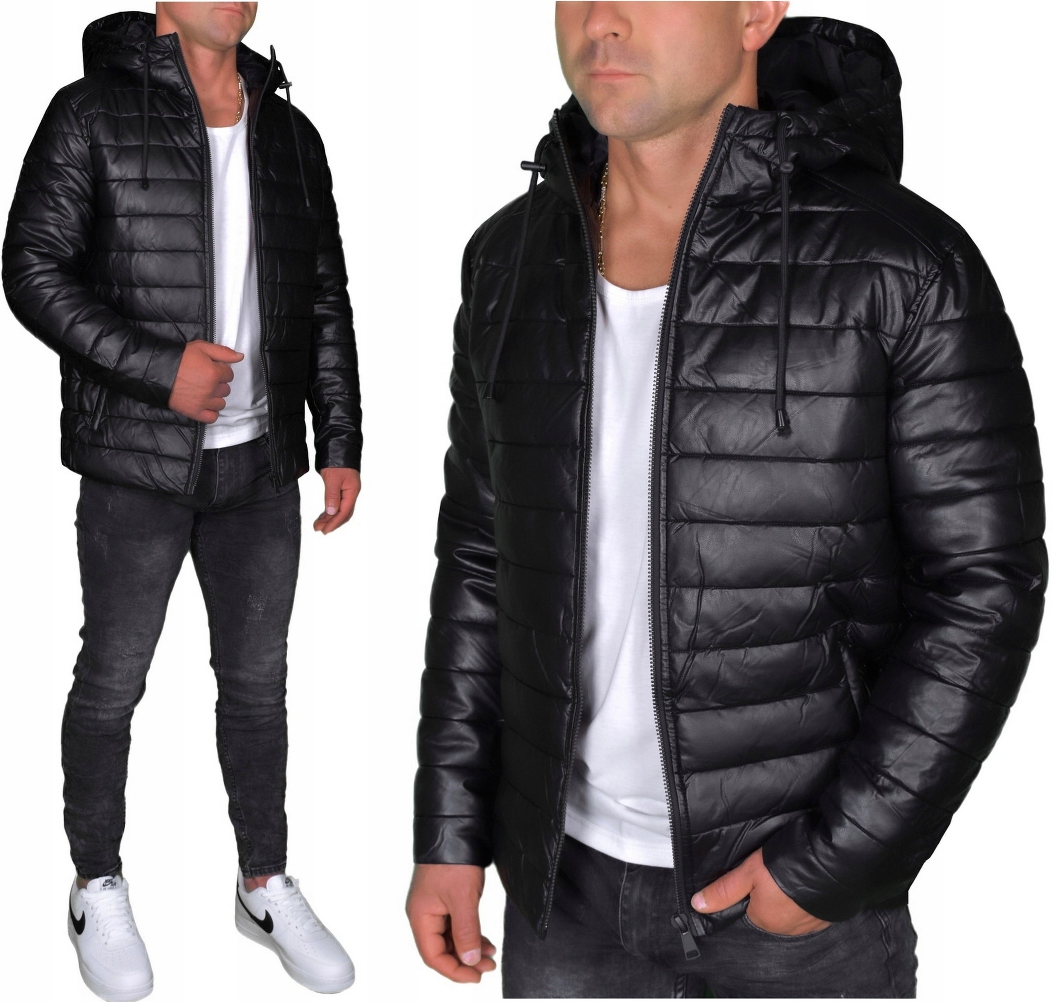Kožená Prošívaná Pánská Kožená Bunda Zateplená Kapuce Kapucí