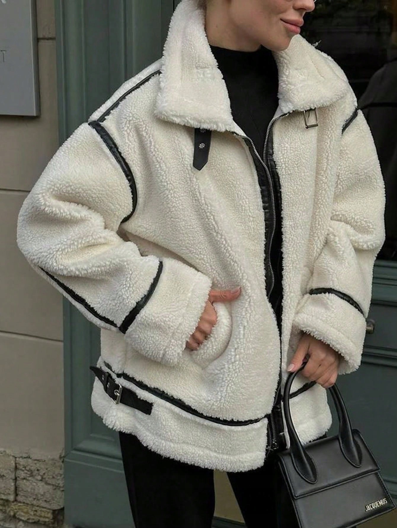 Dámská Bunda Kožíšek Krémová Eko Kožešina Shearling Aviator Oversize Shein S