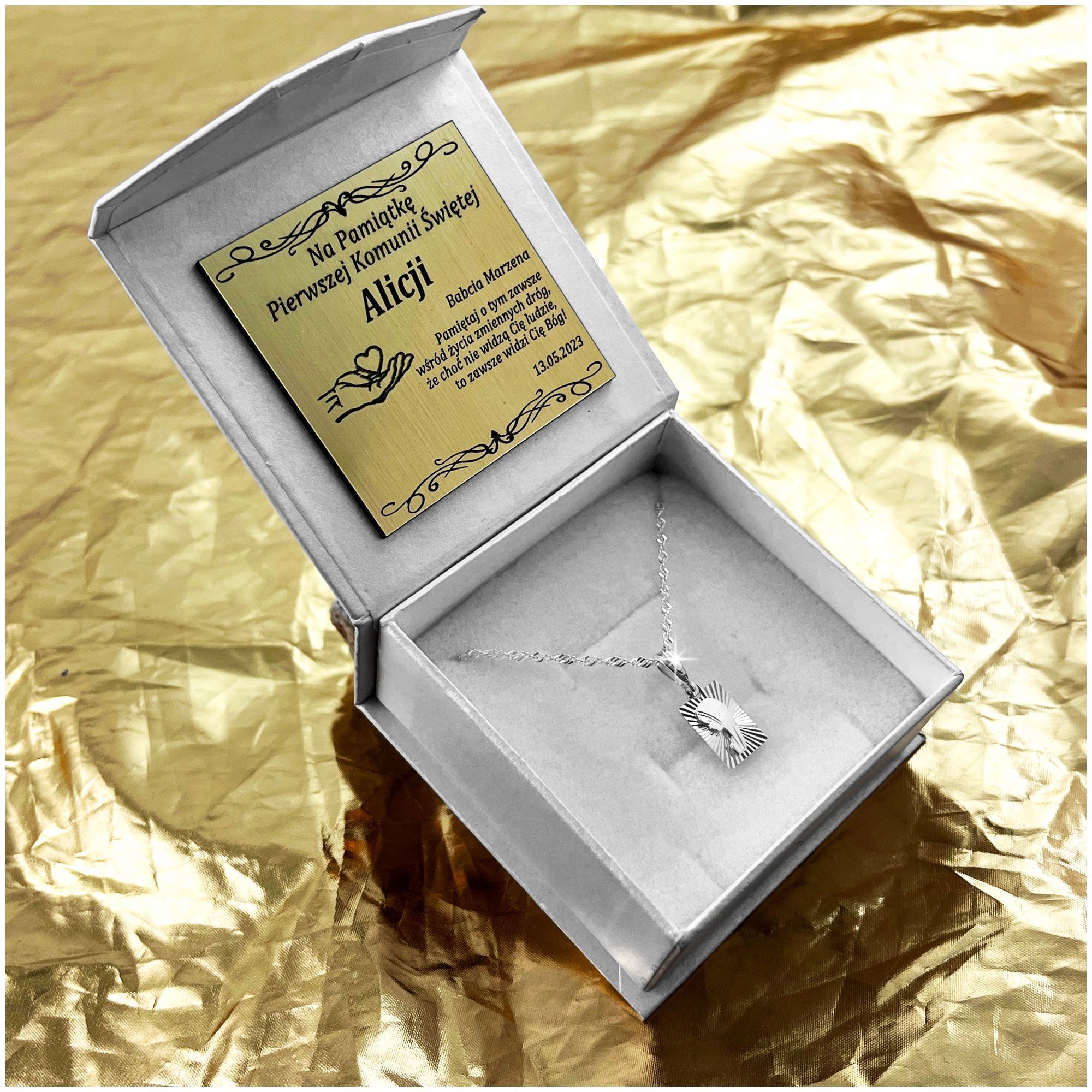 SREBRNY ŁAŃCUSZEK + MEDALIK MATKA BOSKA FATIMSKA 925 PREZENT KOMUNIA GRAWER Kolor srebrny