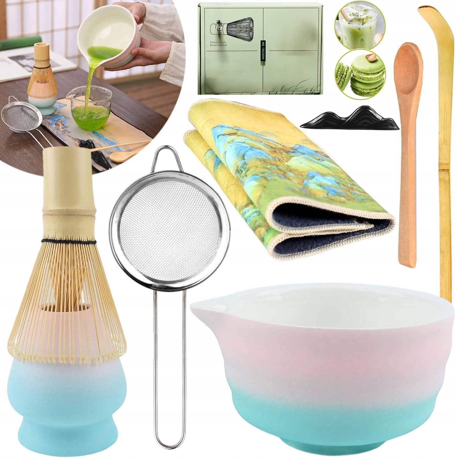 Levně Sada Na Matchu S Bambusovou Metlou, Mísou A Keramickými Doplňky 8V1