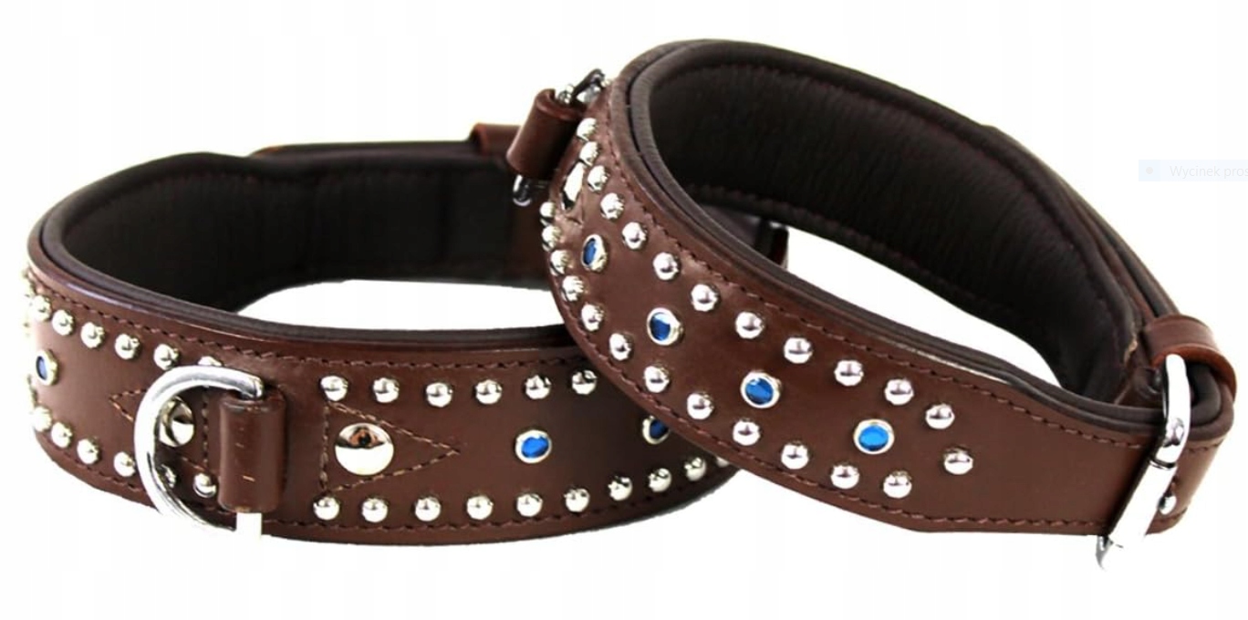 Levně MiCHUR Obojek pro psa velký kožený s modrými kameny, hnědý