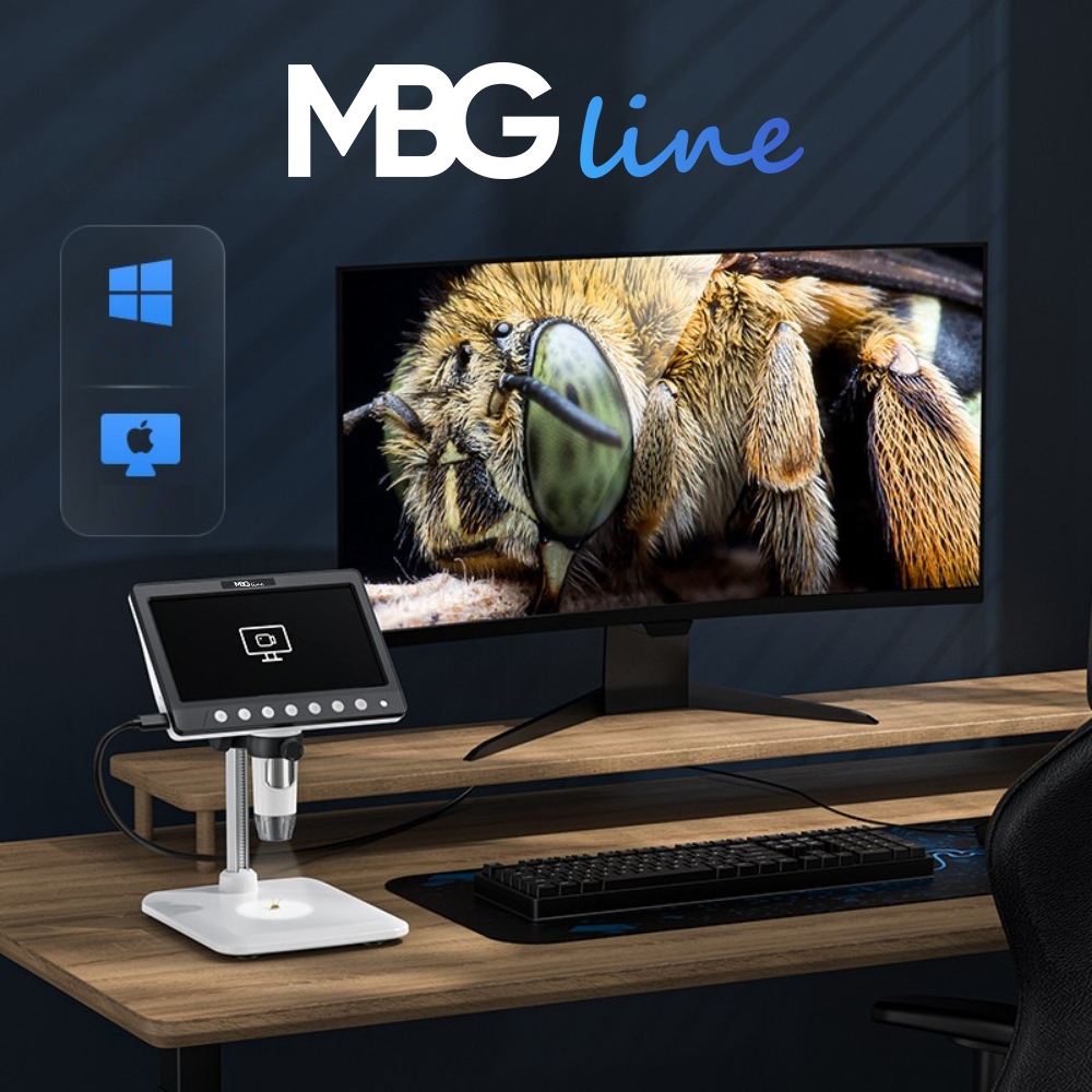 Wi‑Fi skaitmeninis mikroskopas, MBG Line Inskam 315, 1200x, 7″ ekranas, 5 MP, 8 LED – jungtys ir vaizdo perdavimo galimybės