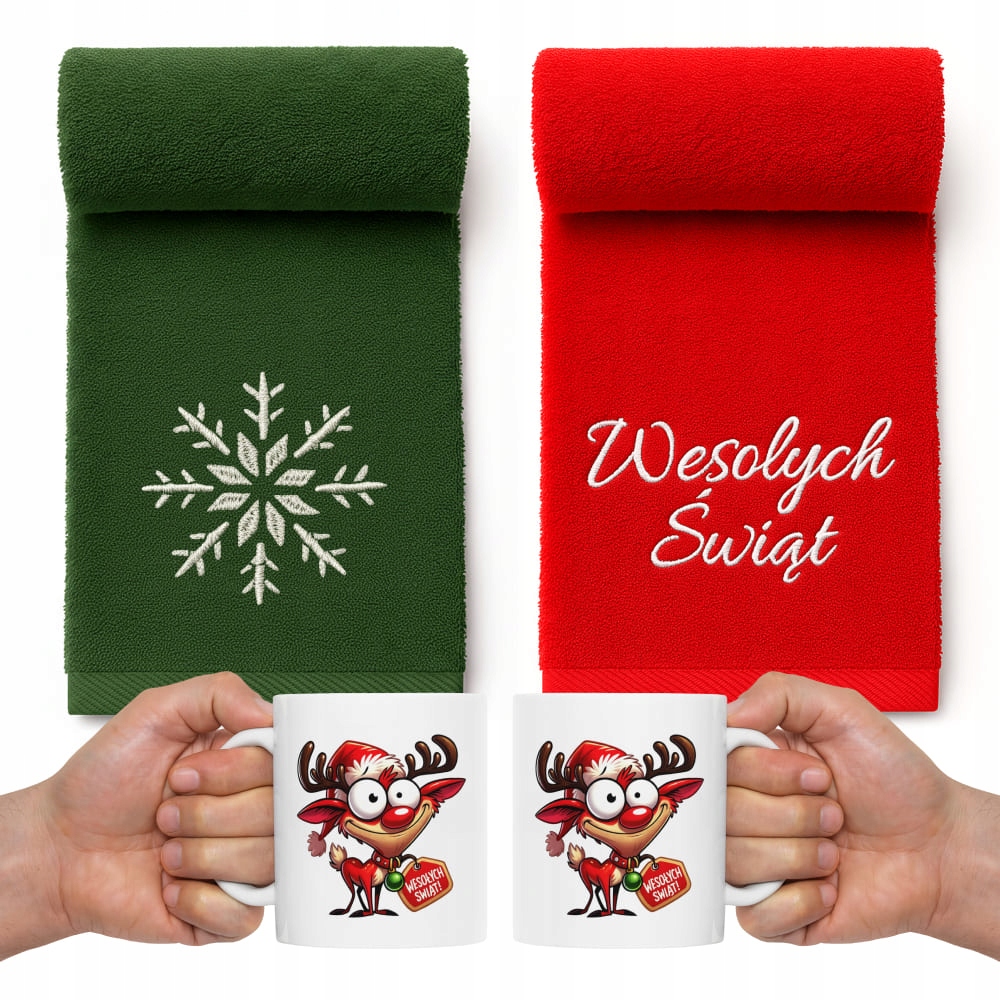 Dárková Krabička 2X Ručníky 50X100 S Výšivkou Veselé Vánoce 2X Hrnek Sob