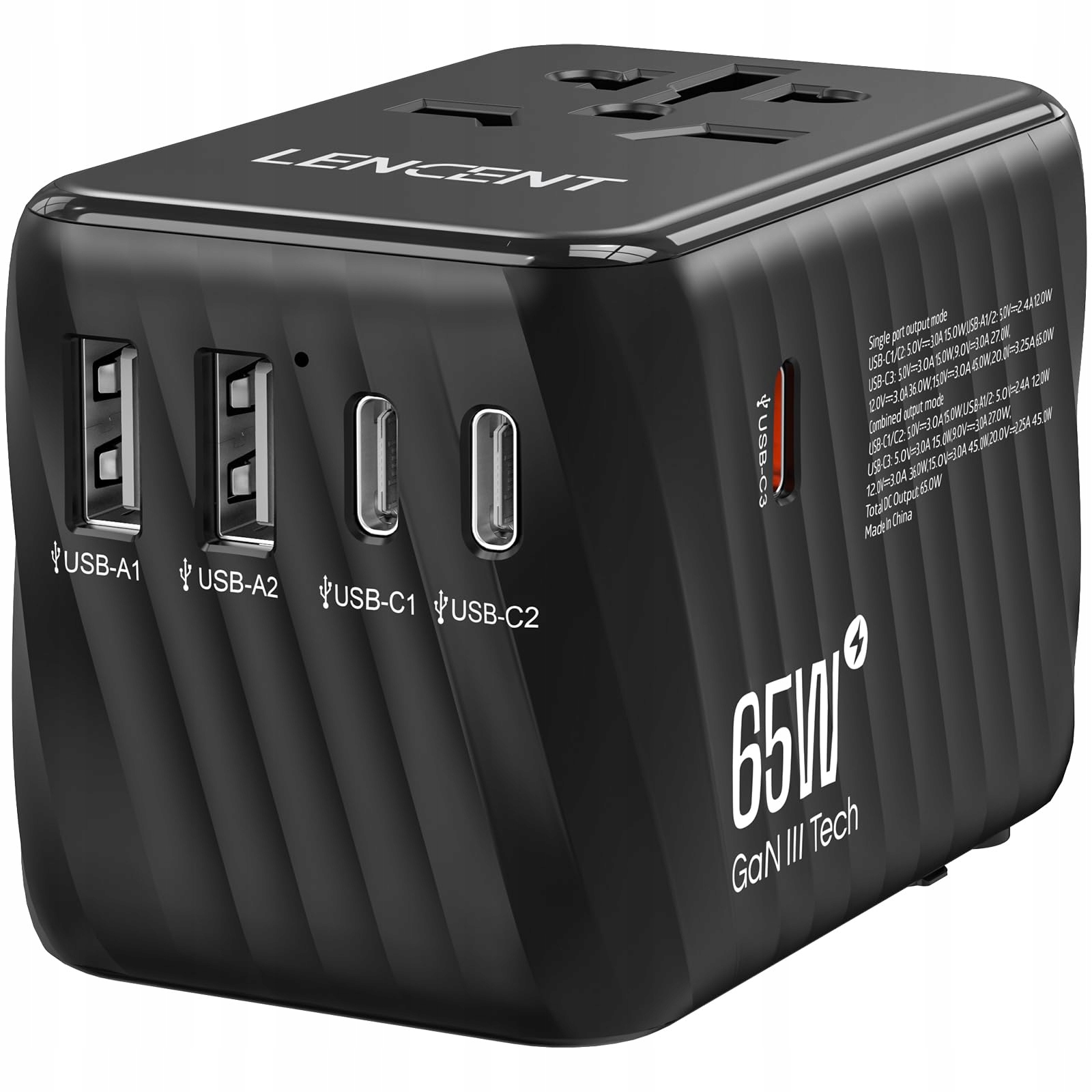 LENCENT Adapter Podróżny 65W GaN3 USB A Typ C Do EU USA UK AU