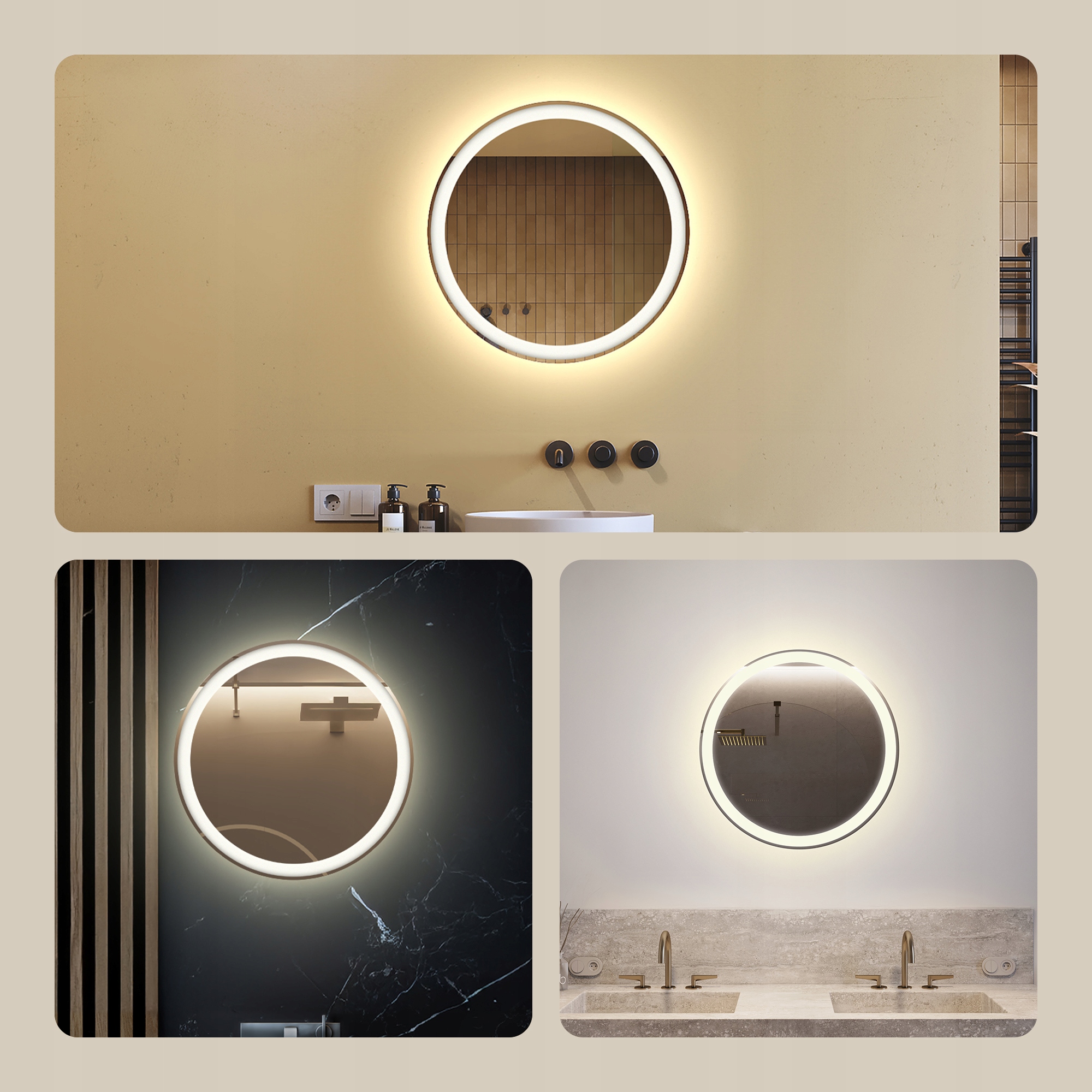 Zrcadlo 60 cm kulaté, podsvícené koupelnovou barvou, neutrální, moderní barva
