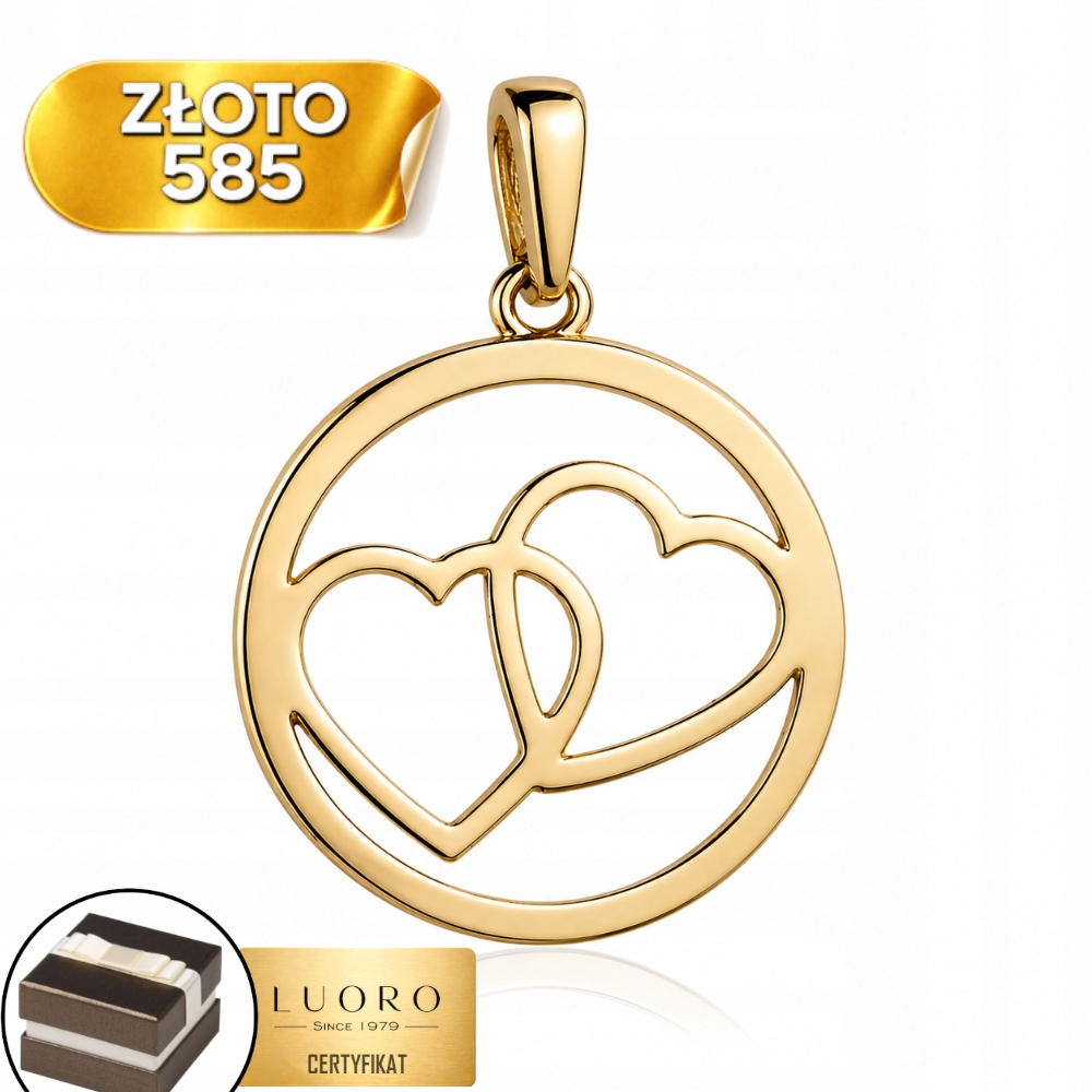 Zlatý Přívěsek 585 14K Dvě Srdce V Kruhu 1,7 CM Elegantní Dárek