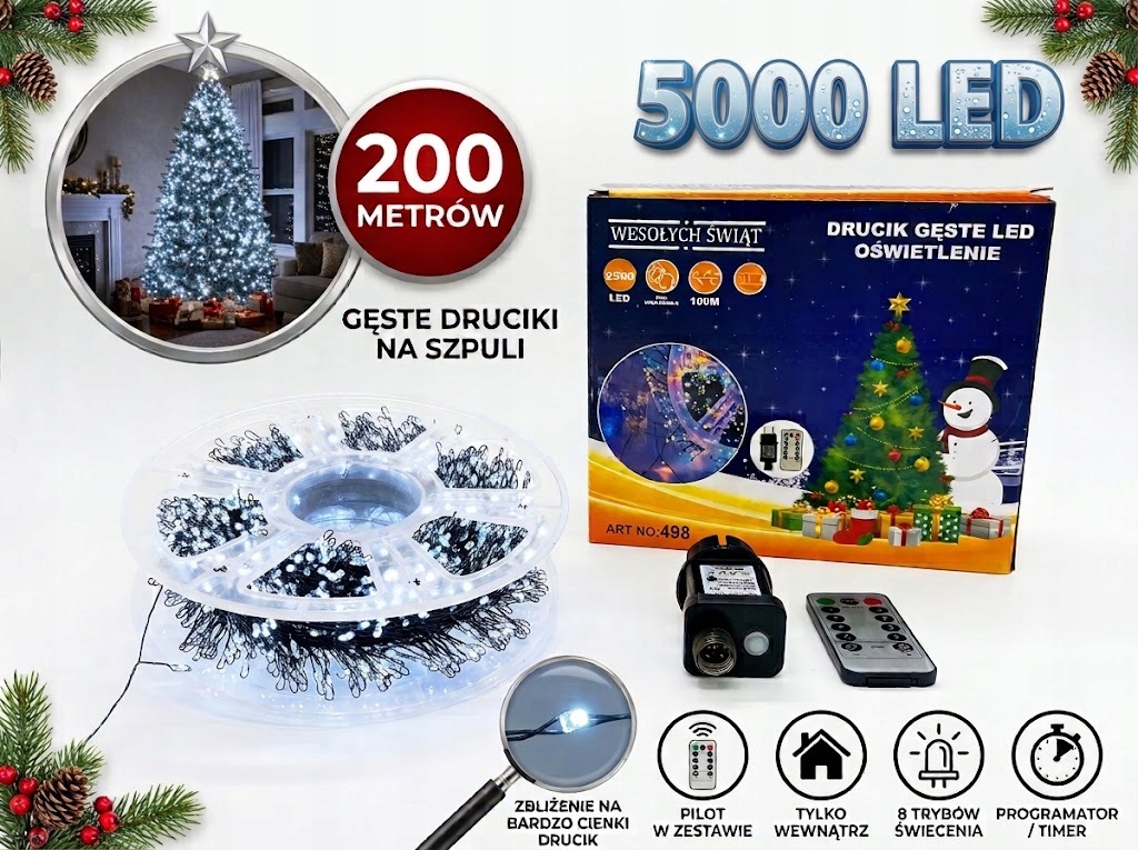 Vánoční Osvětlení Na Stromeček Drátek 5000 Led 200 m Studená bílá dálkové ovládání