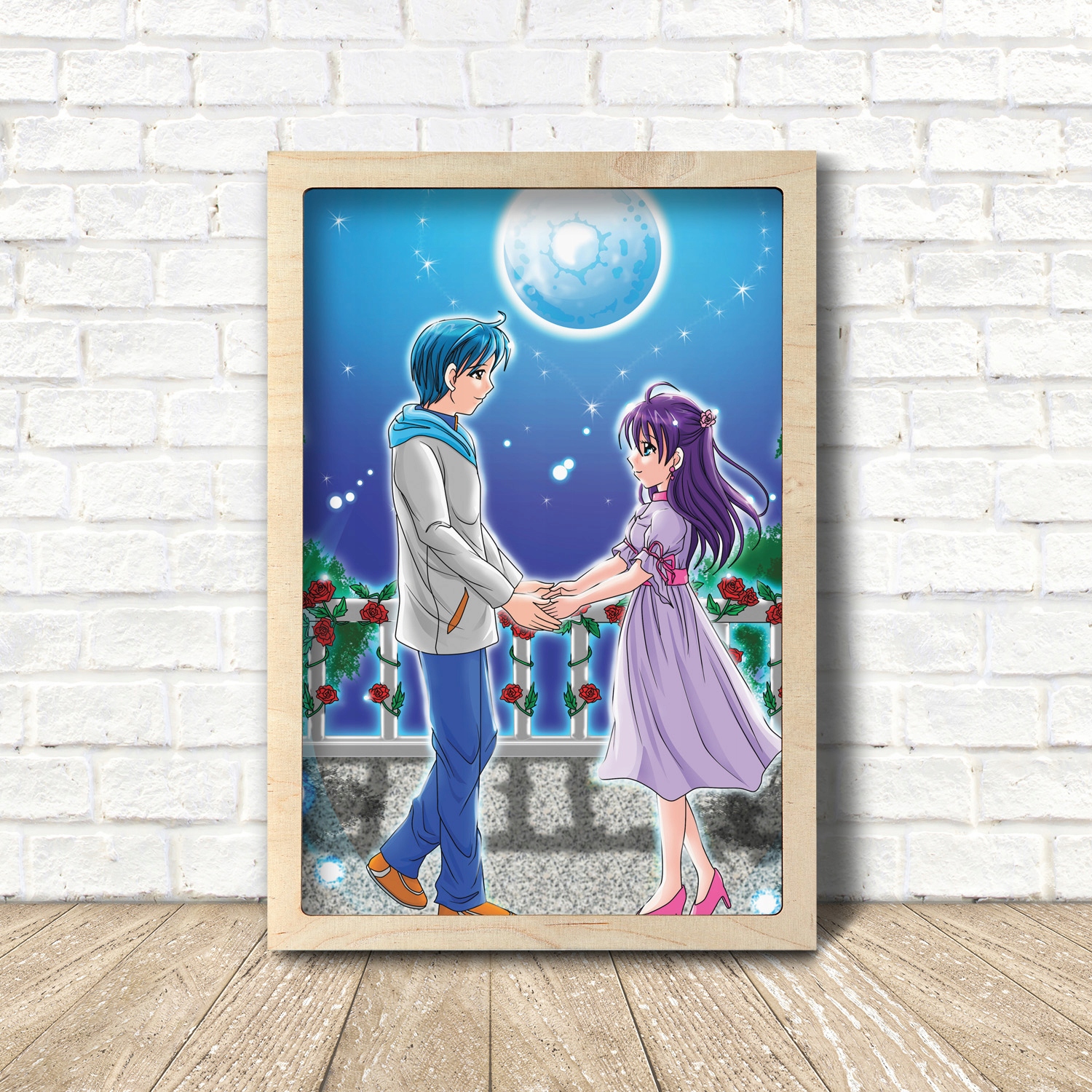 Obraz v dřevěném rámu Pár anime láska 35x55