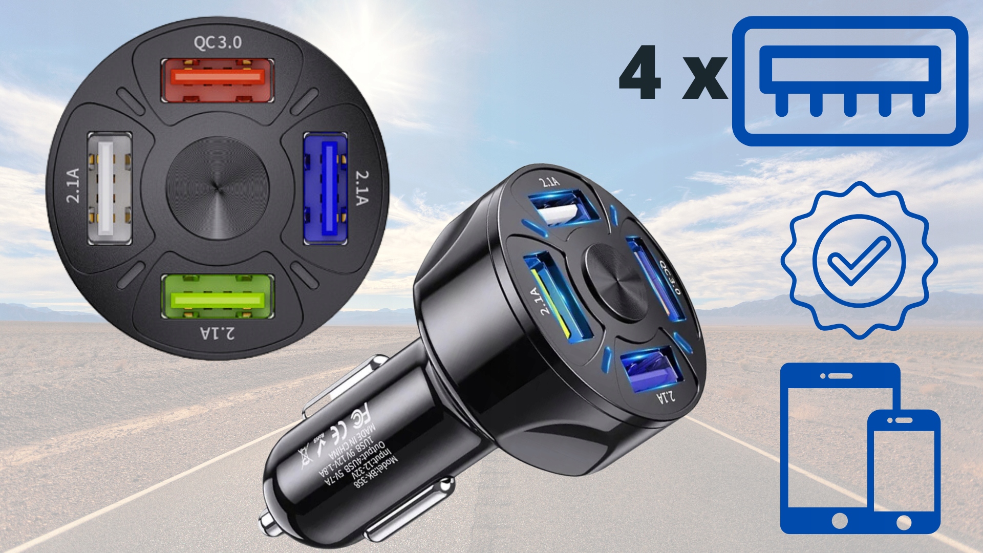 ŁADOWARKA DO ŁADOWANIA SAMOCHODOWA DO AUTA SAMOCHODU 4XUSB QC3.0 KABEL 3W1 Prąd wyjściowy 3000 mA