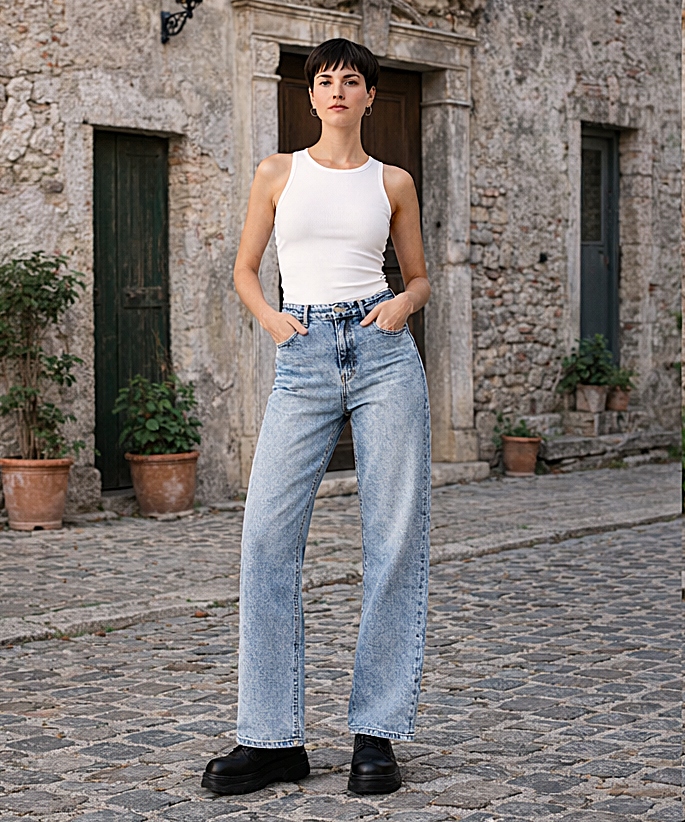 dámské džínové kalhoty švédské wide leg Mimi Dave vysoký pas velikost S