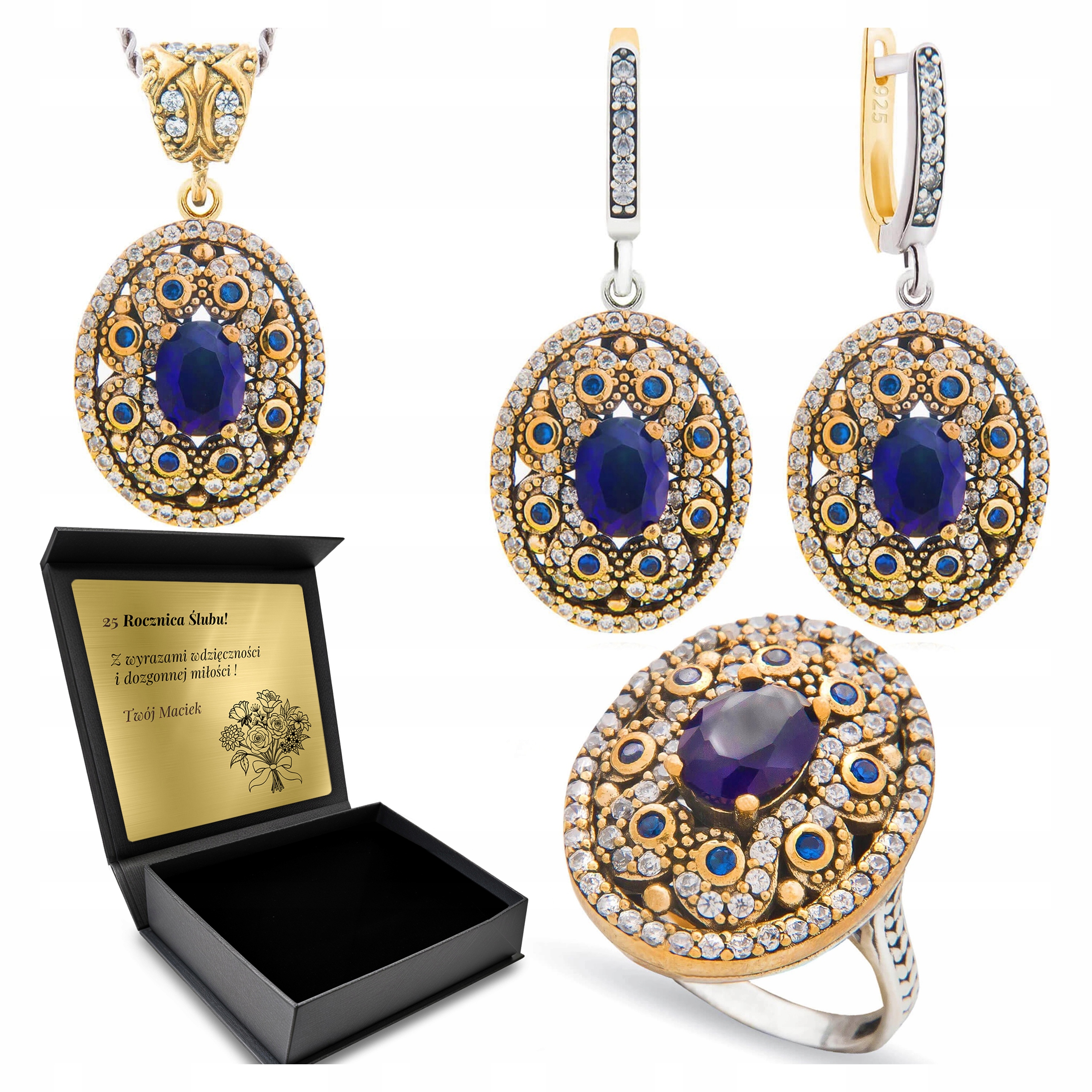 Zirkony Šperky 925 Se Zirkony A Safíry Pro Ženy Gravírování