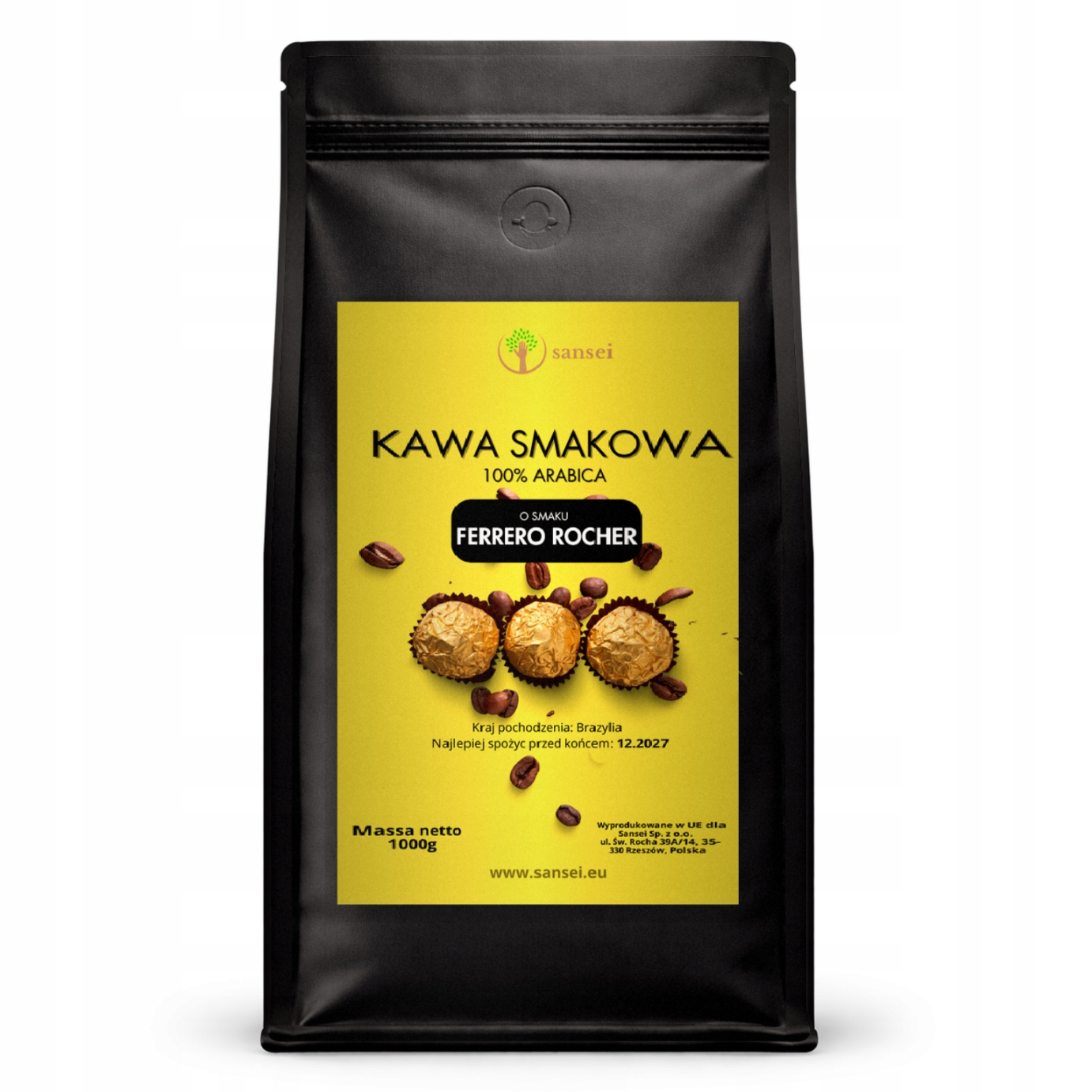 Levně Sansei Káva Zrnková Arabica Santos 1000 g s příchutí Ferrero Rocher