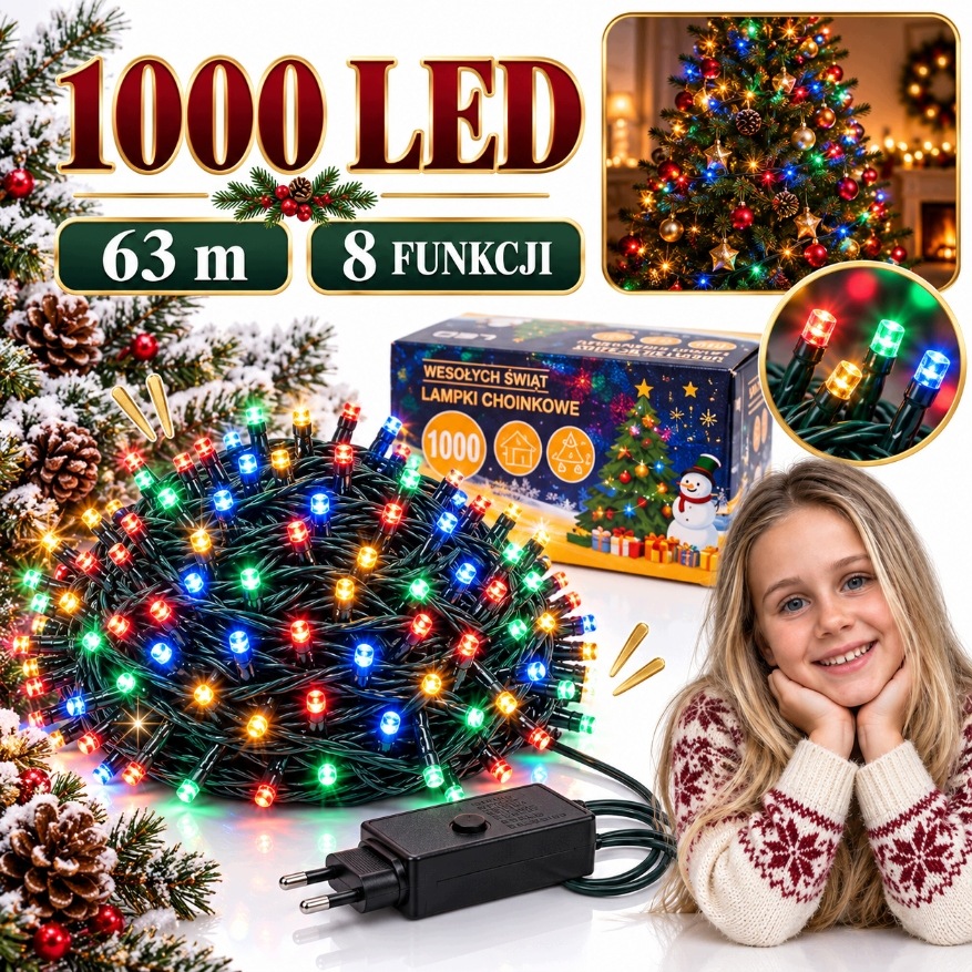 Vánoční Osvětlení Na Stromeček 1000 Led 63 M Multicolor 8 Funkcí Na Vánoční Stromeček